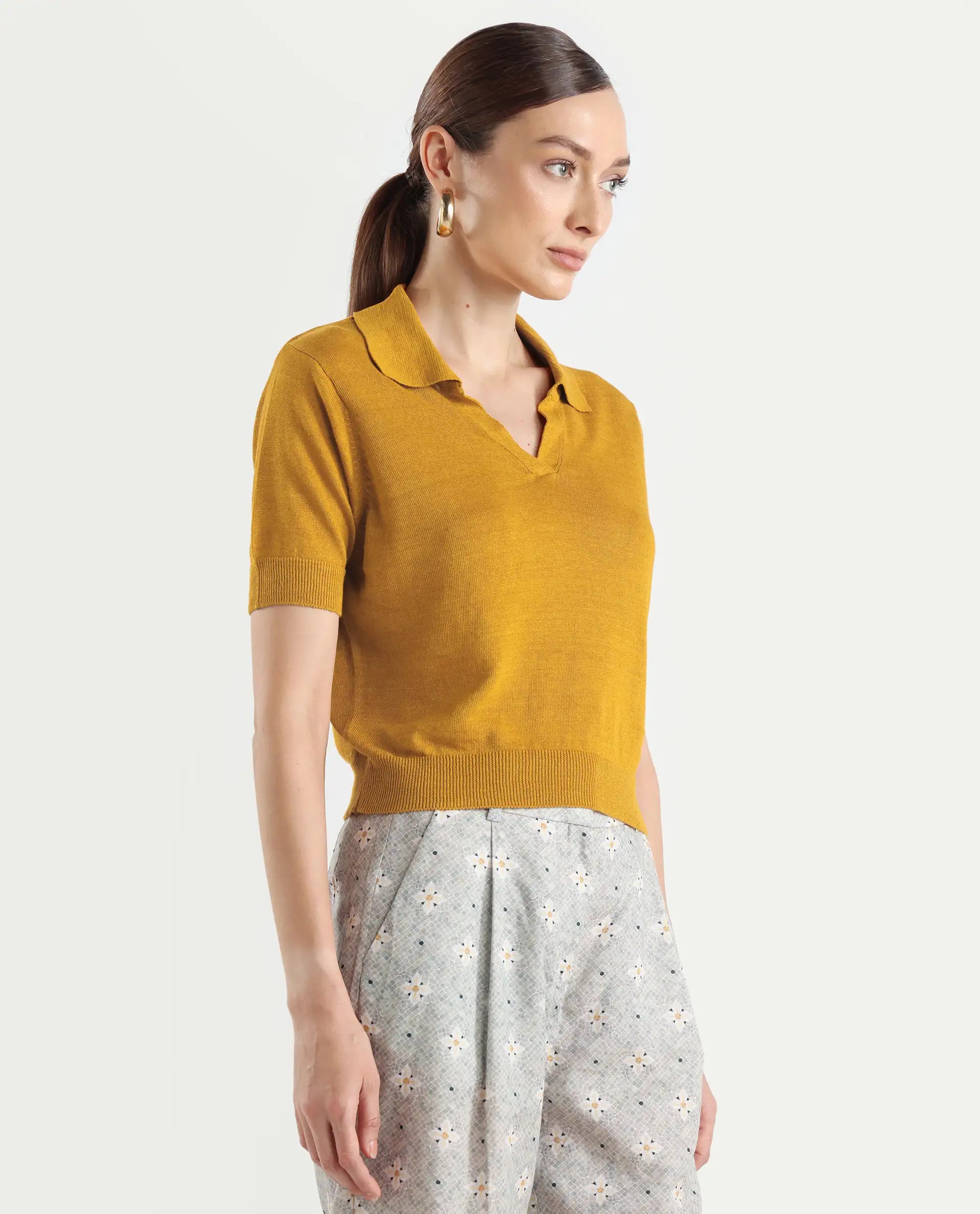 Rareism Women's Basel Yellow Cotton Linen Polo Neck Plain Regular Fit Polo