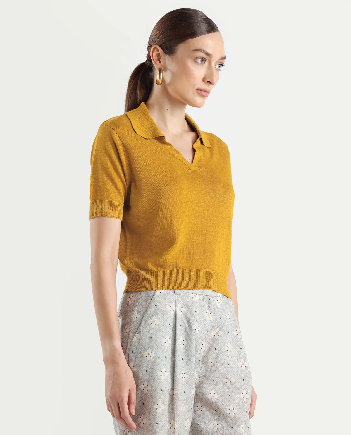 Rareism Women's Basel Yellow Cotton Linen Polo Neck Plain Regular Fit Polo