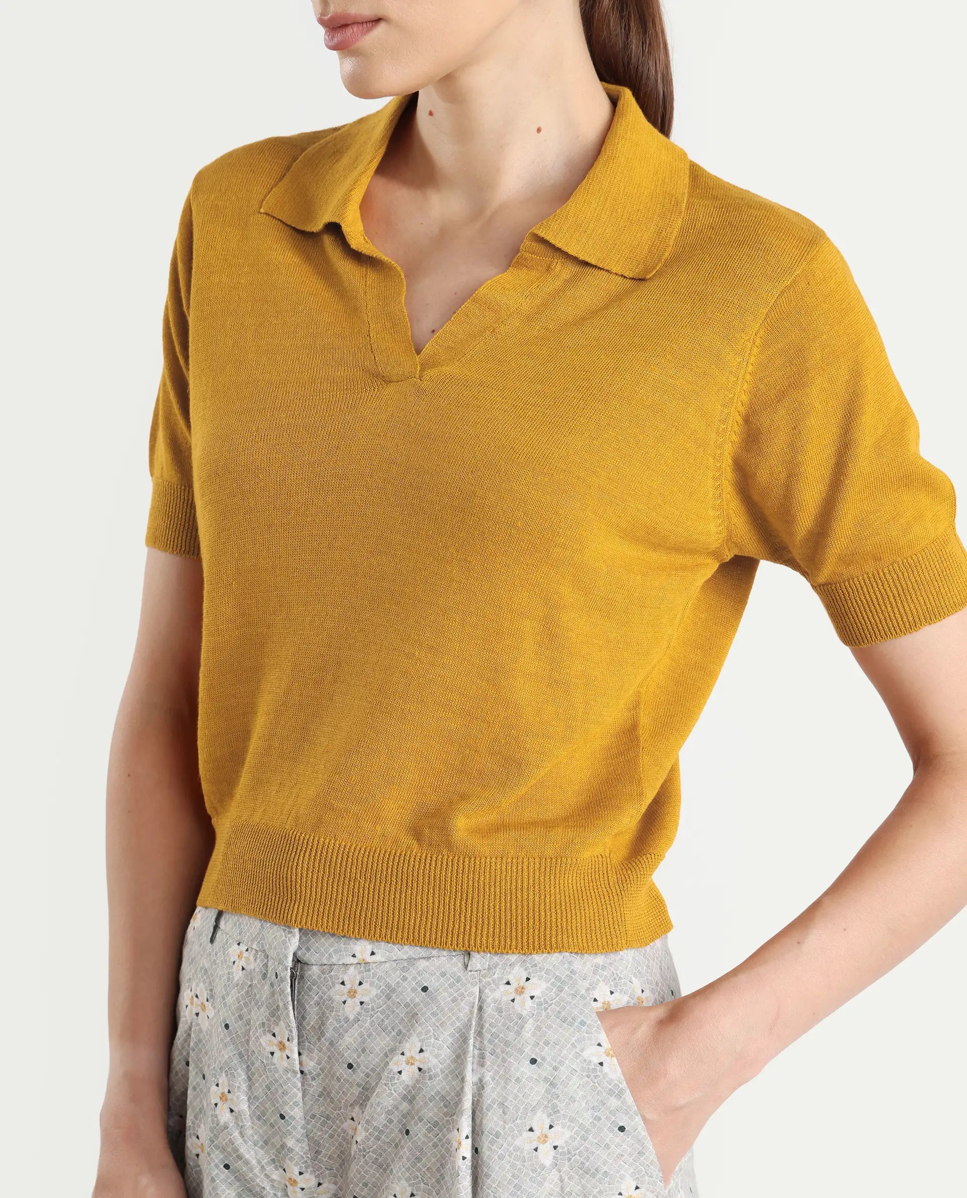 Rareism Women's Basel Yellow Cotton Linen Polo Neck Plain Regular Fit Polo