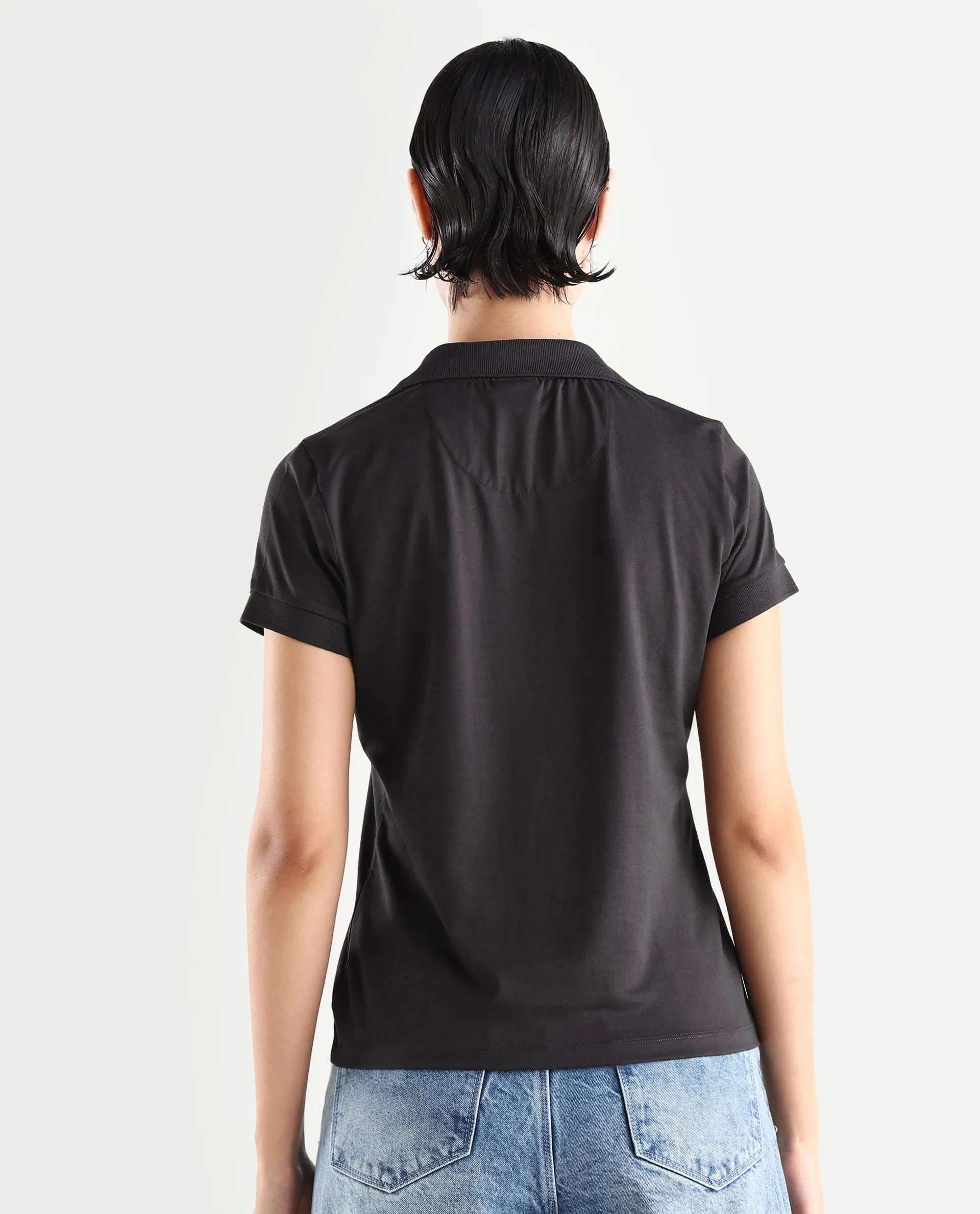 Rareism Women's Bern Dark Grey Cotton Blend Polo Neck Plain Regular Fit Polo