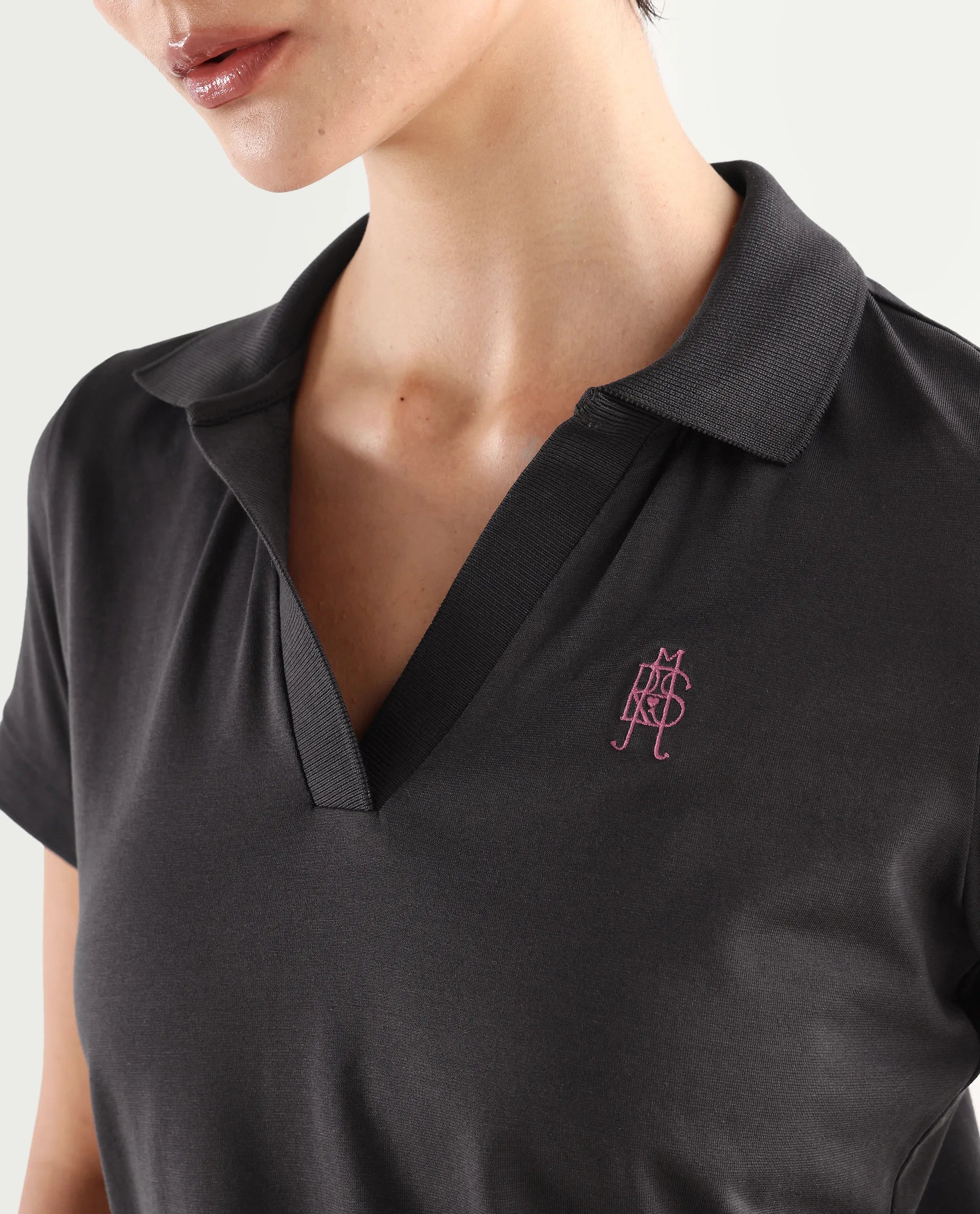 Rareism Women's Bern Dark Grey Cotton Blend Polo Neck Plain Regular Fit Polo