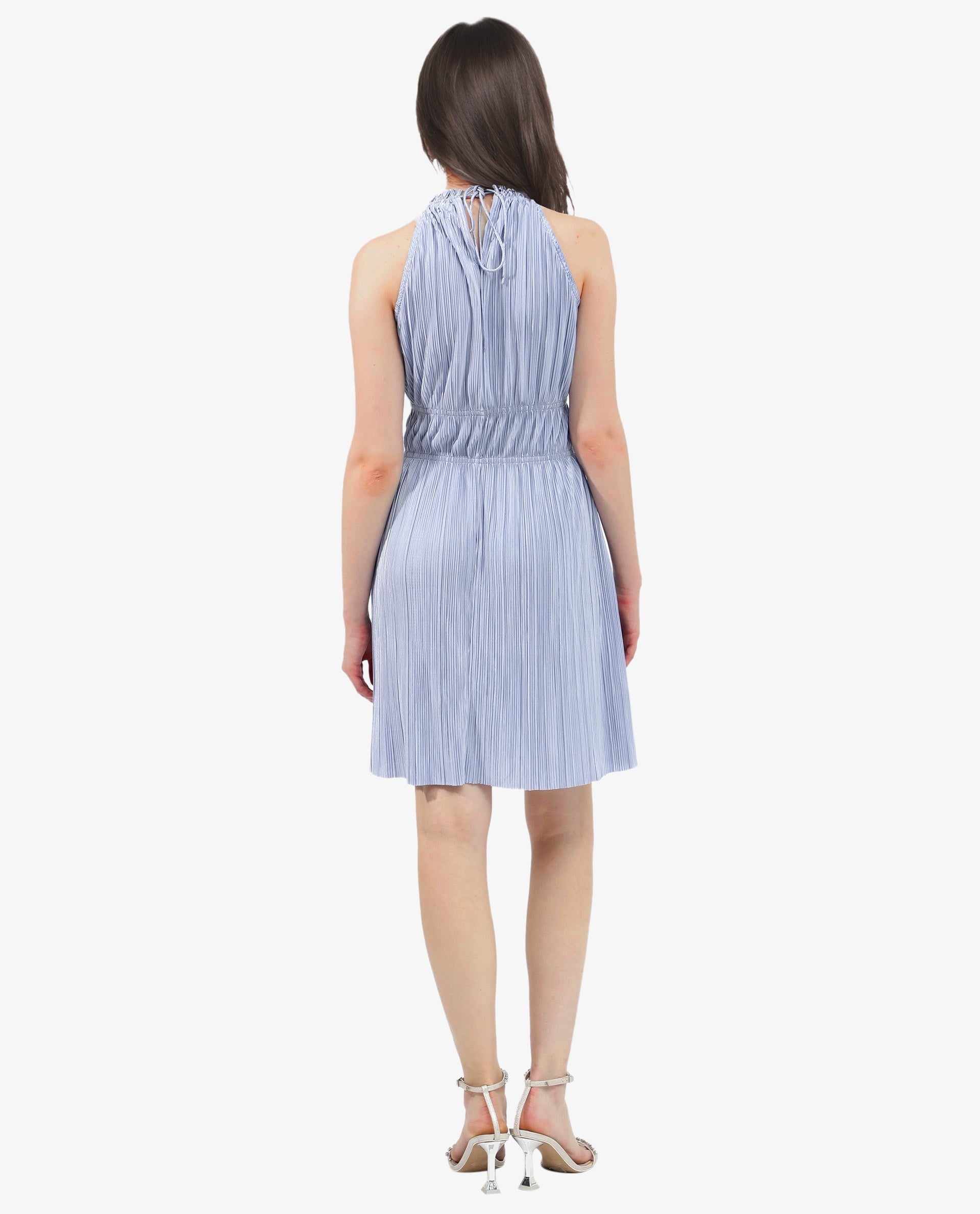 Rareism Women's Berkyn Purple Polyester Halter Neck Plain Sleeveless Mini Fit And Flare Dress