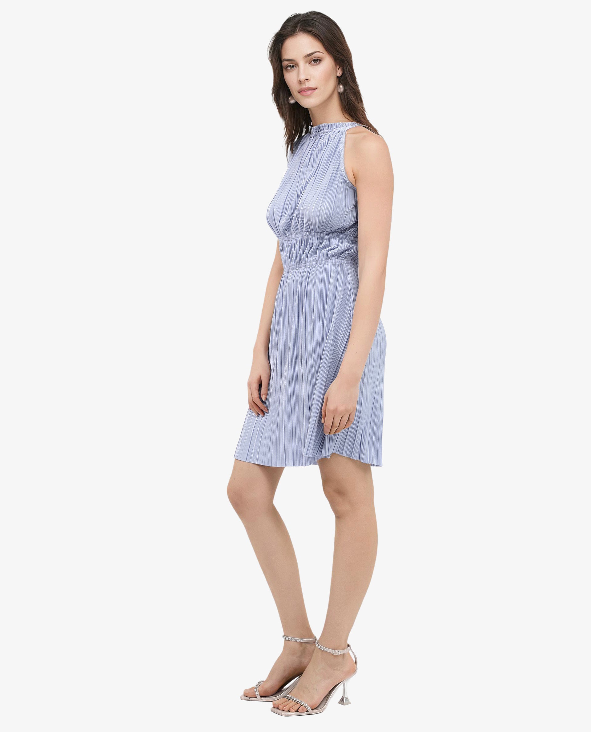 Rareism Women's Berkyn Purple Polyester Halter Neck Plain Sleeveless Mini Fit And Flare Dress