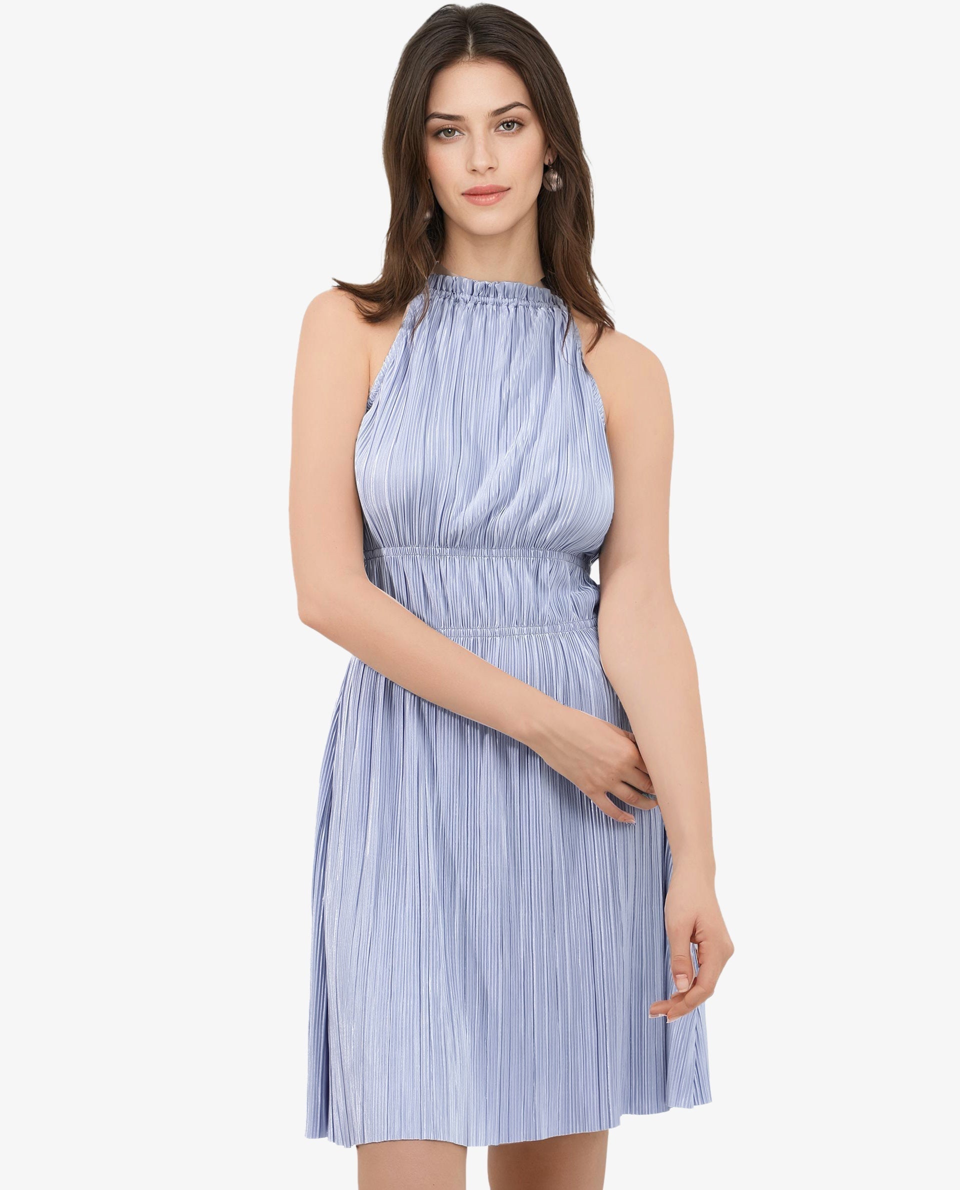 Rareism Women's Berkyn Purple Polyester Halter Neck Plain Sleeveless Mini Fit And Flare Dress