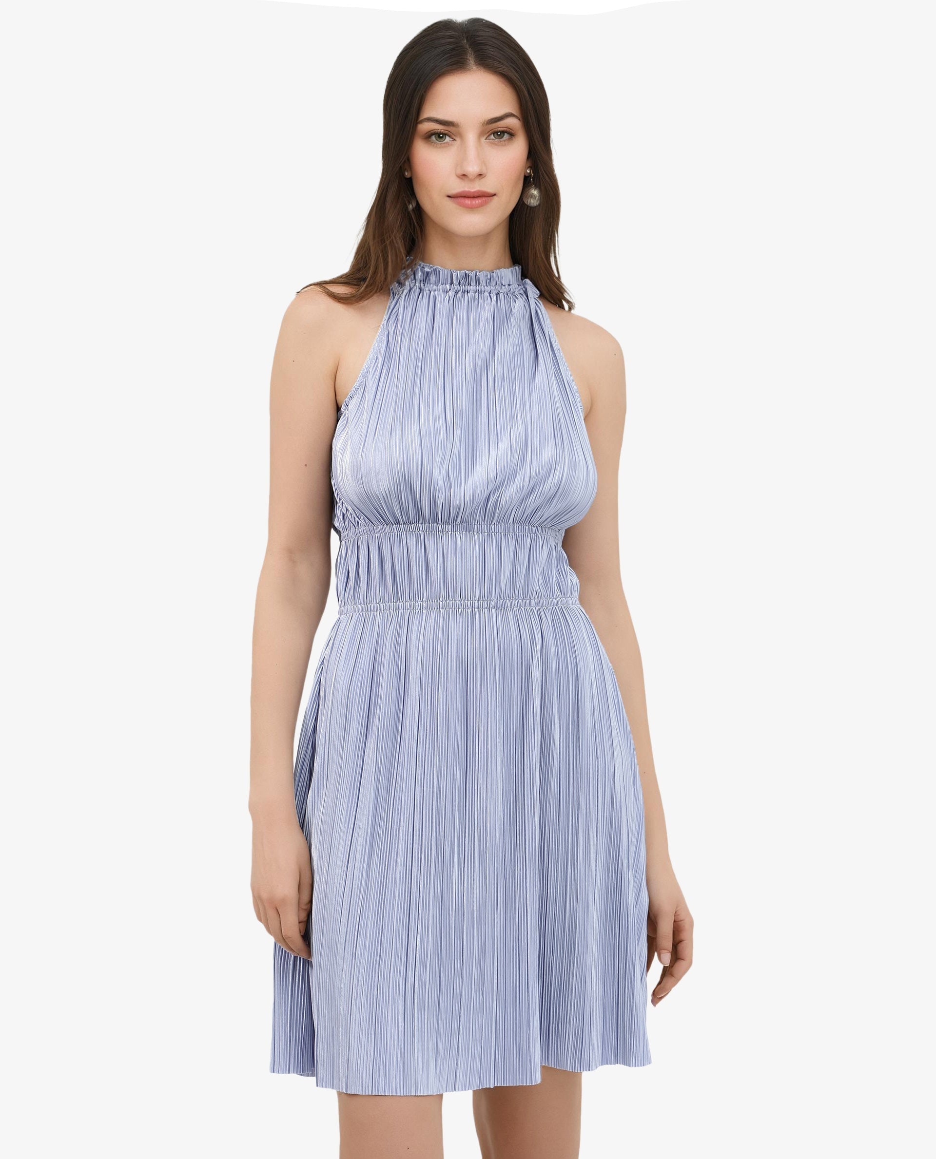 Rareism Women's Berkyn Purple Polyester Halter Neck Plain Sleeveless Mini Fit And Flare Dress