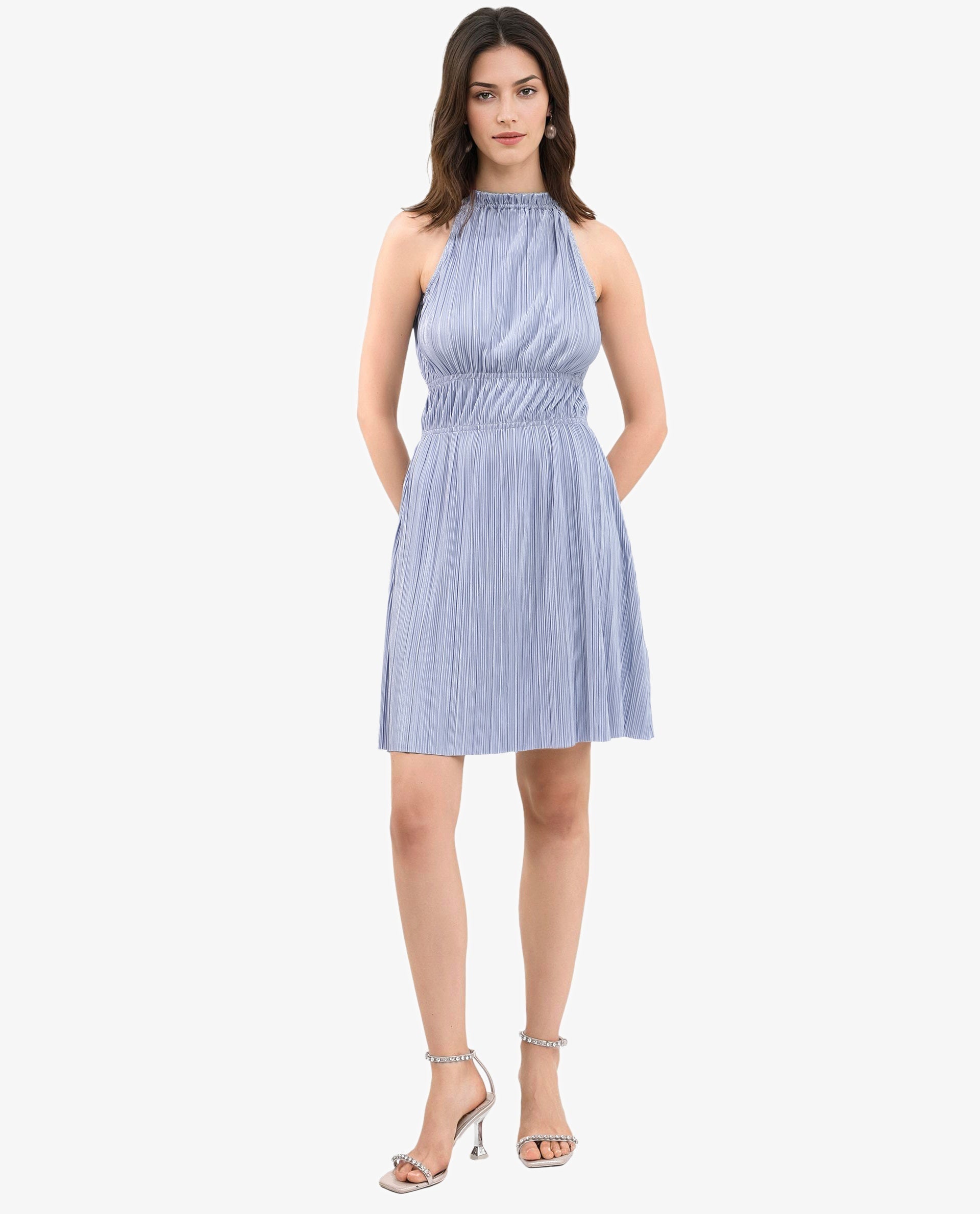 Rareism Women's Berkyn Purple Polyester Halter Neck Plain Sleeveless Mini Fit And Flare Dress