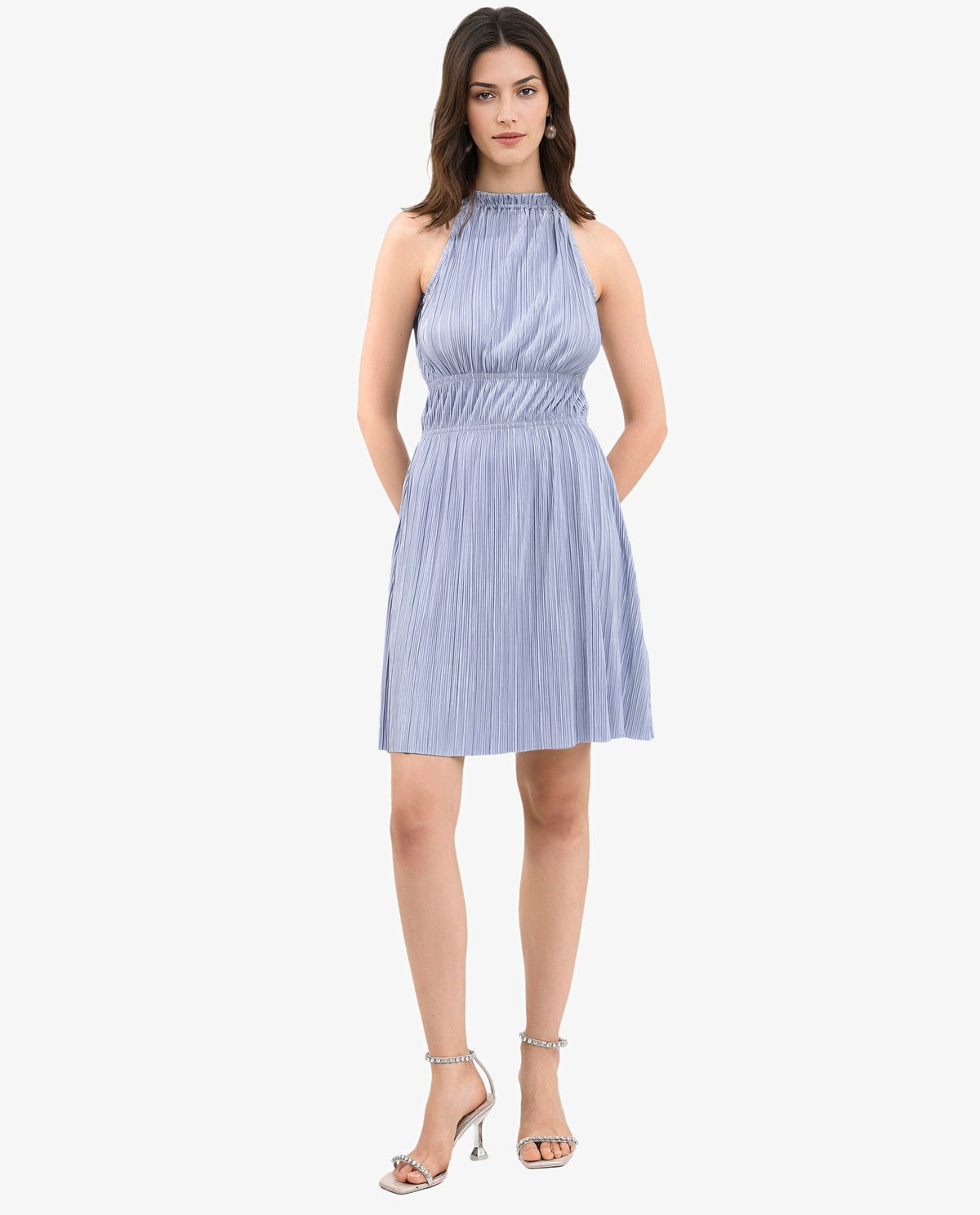 Rareism Women's Berkyn Purple Polyester Fabric Halter Neck Tie-Up Closure Sleeveless Plain Fit And Flare Mini Dress