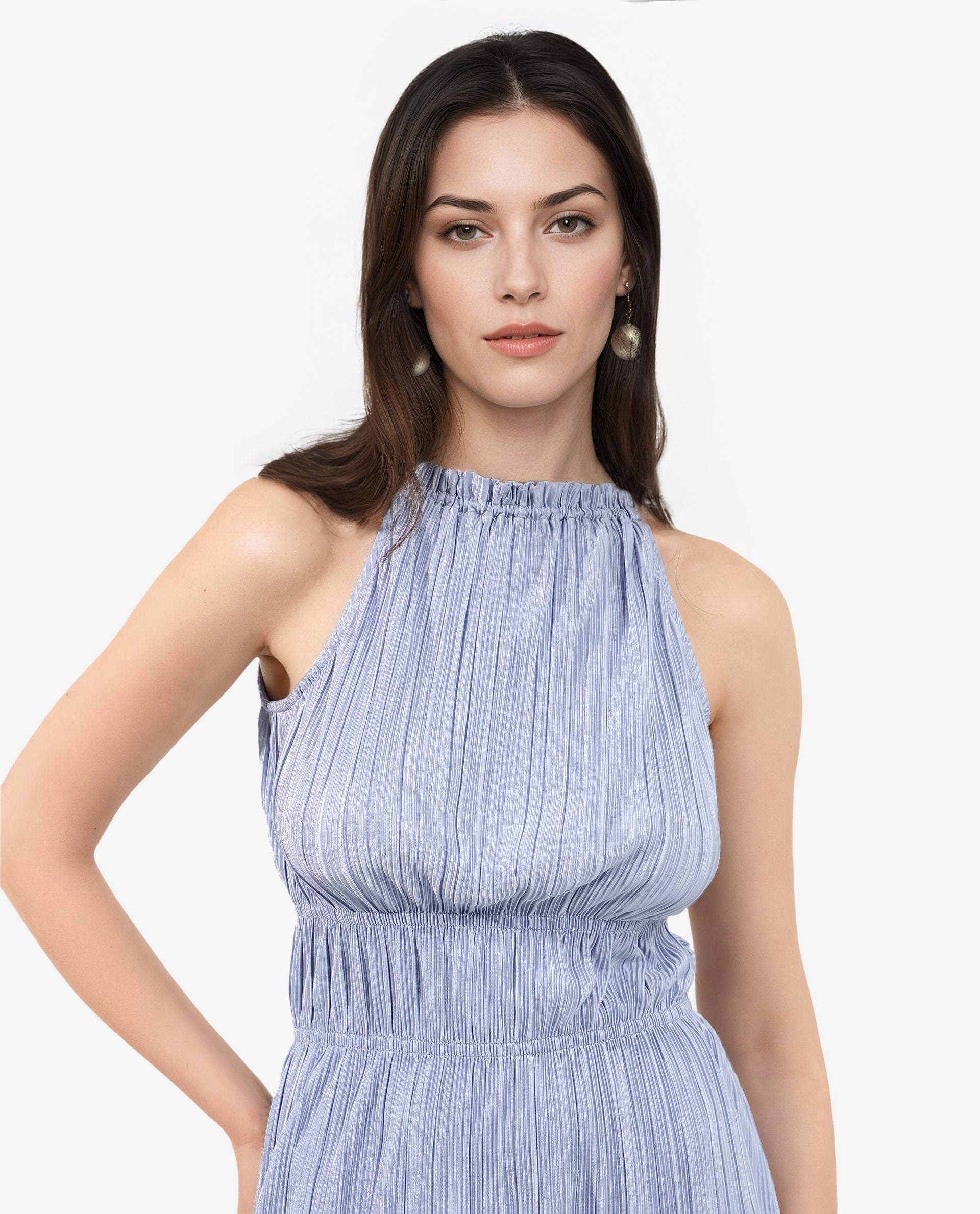 Rareism Women's Berkyn Purple Polyester Halter Neck Plain Sleeveless Mini Fit And Flare Dress