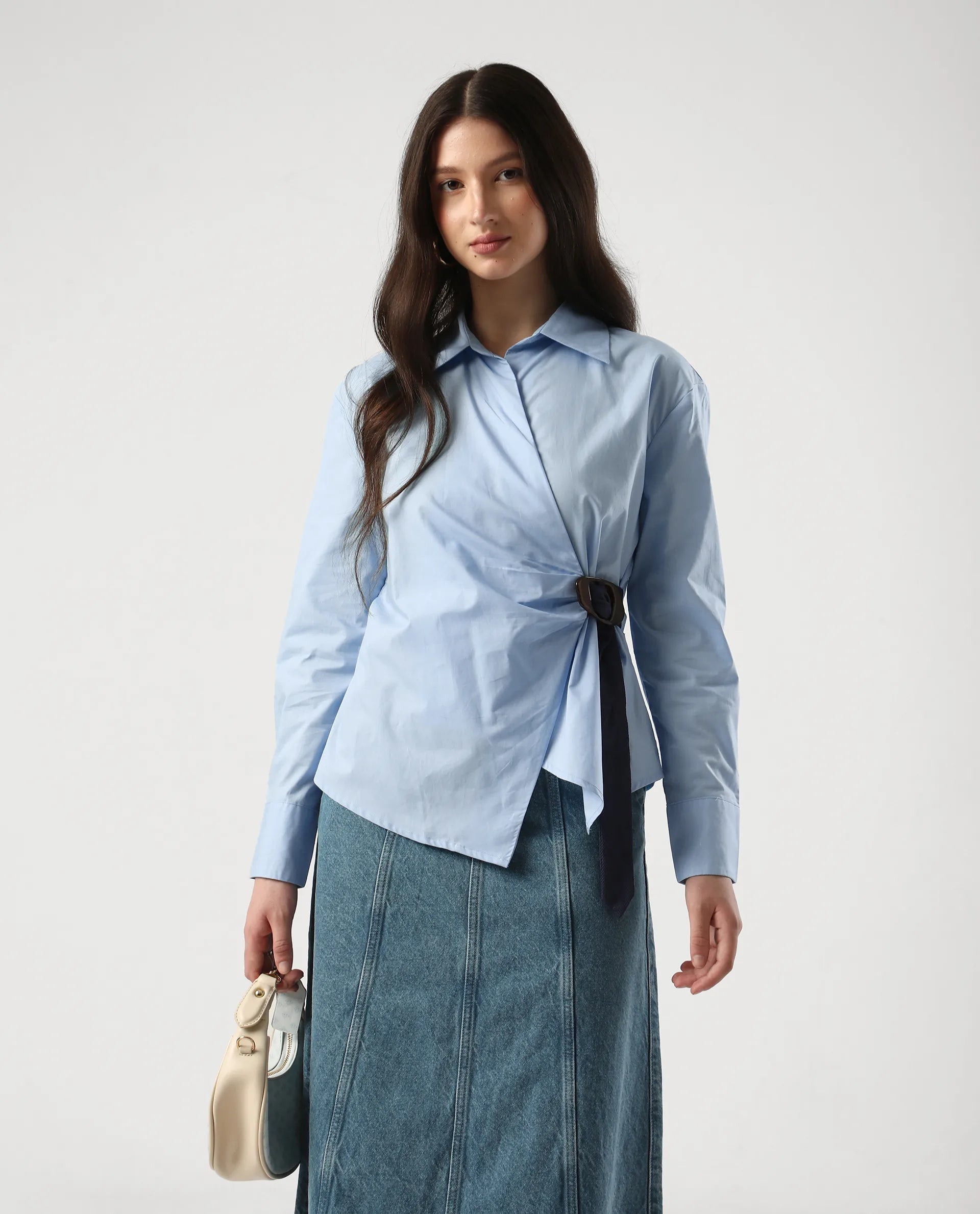 Rareism Women's Bhanella T Blue Cotton Spread Collar Plain Cuffed Sleeve Relaxed Fit Shirt