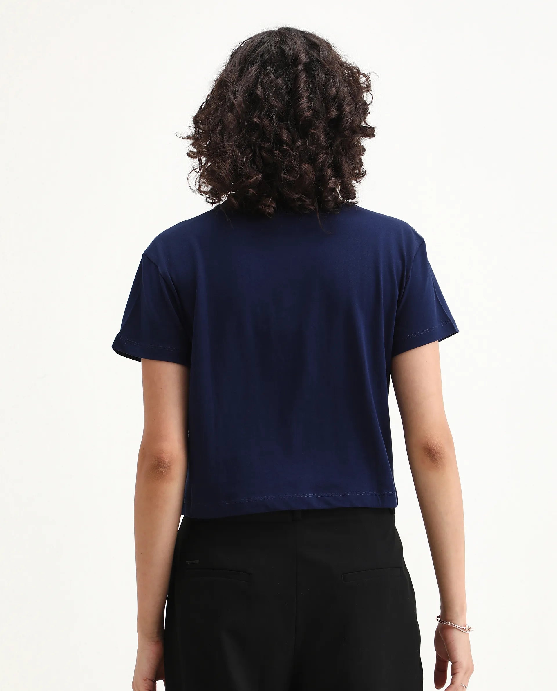 Rareism Women's Bhaze Navy Cotton Crew Neck Typography Print Crop Regular Fit T-Shirt