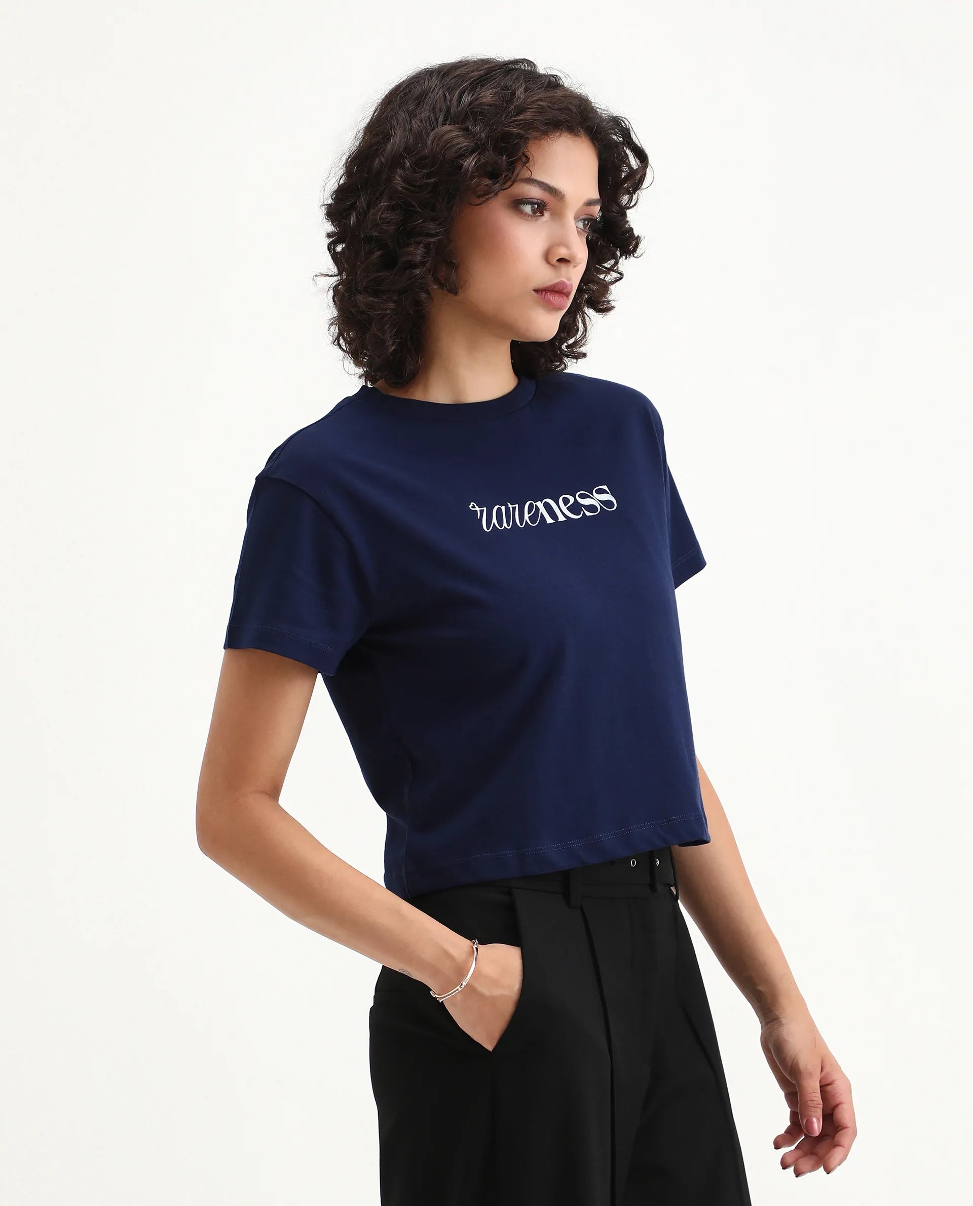 Rareism Women's Bhaze Navy Cotton Crew Neck Typography Print Crop Regular Fit T-Shirt