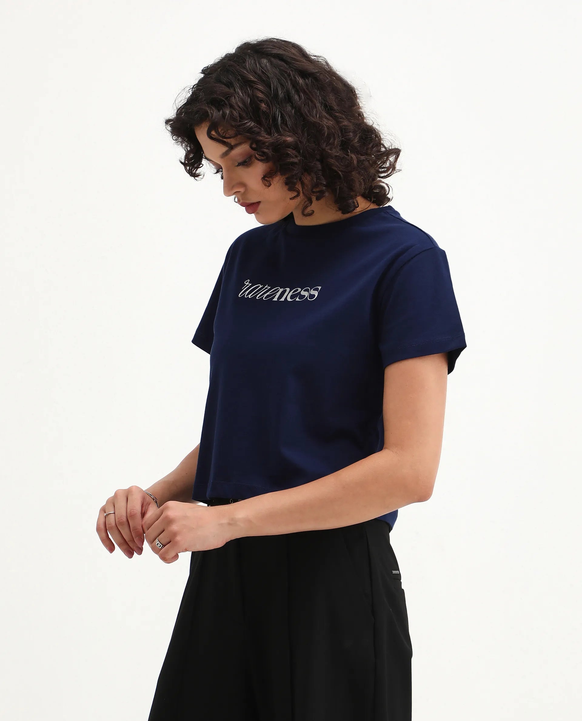 Rareism Women's Bhaze Navy Cotton Crew Neck Typography Print Crop Regular Fit T-Shirt