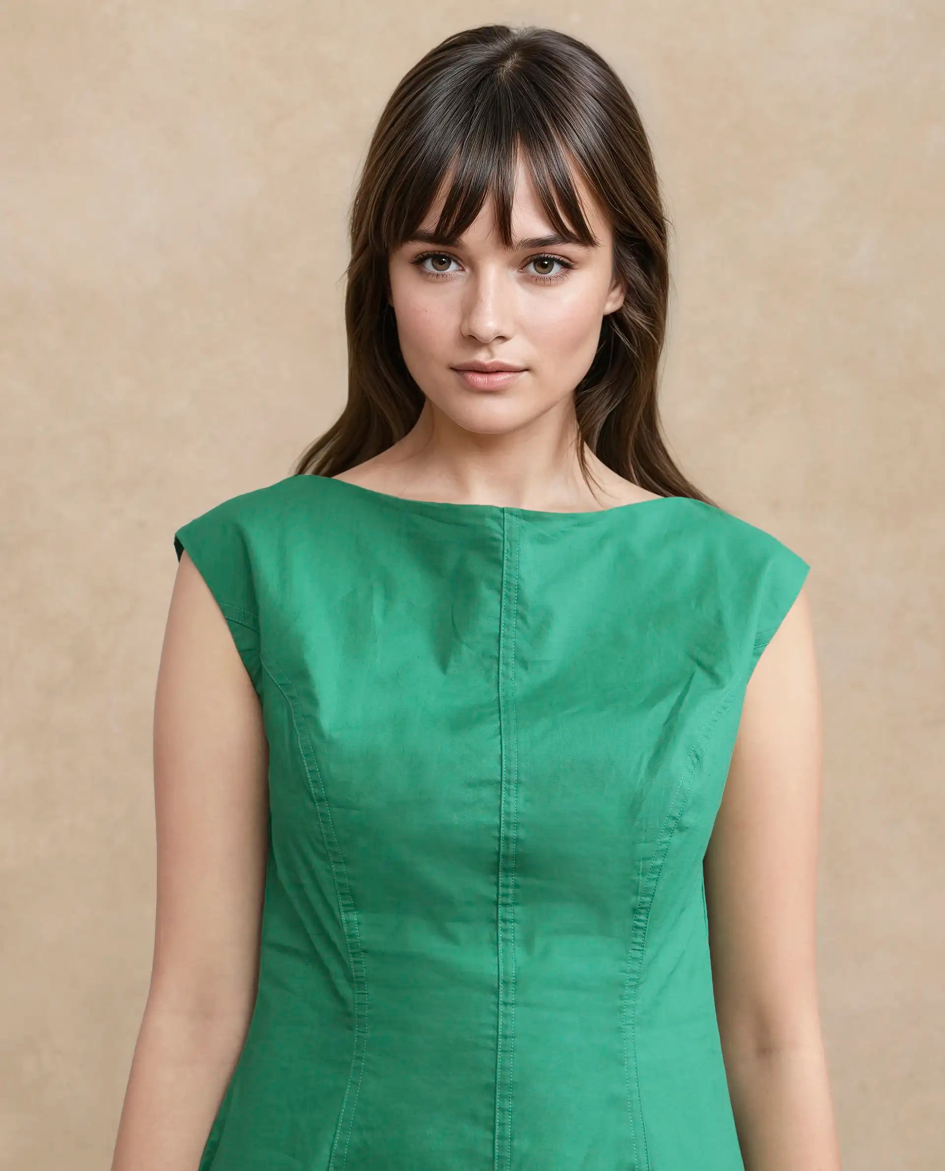 Rareism Women's Bhlaski Green Cotton Round Neck Plain Sleeveless Knee Length Straight Fit Dress