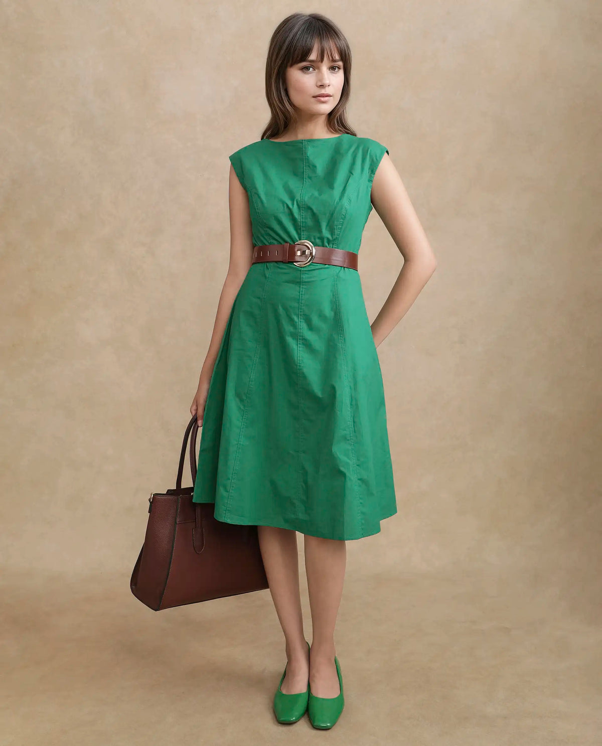 Rareism Women's Bhlaski Green Cotton Round Neck Plain Sleeveless Knee Length Straight Fit Dress