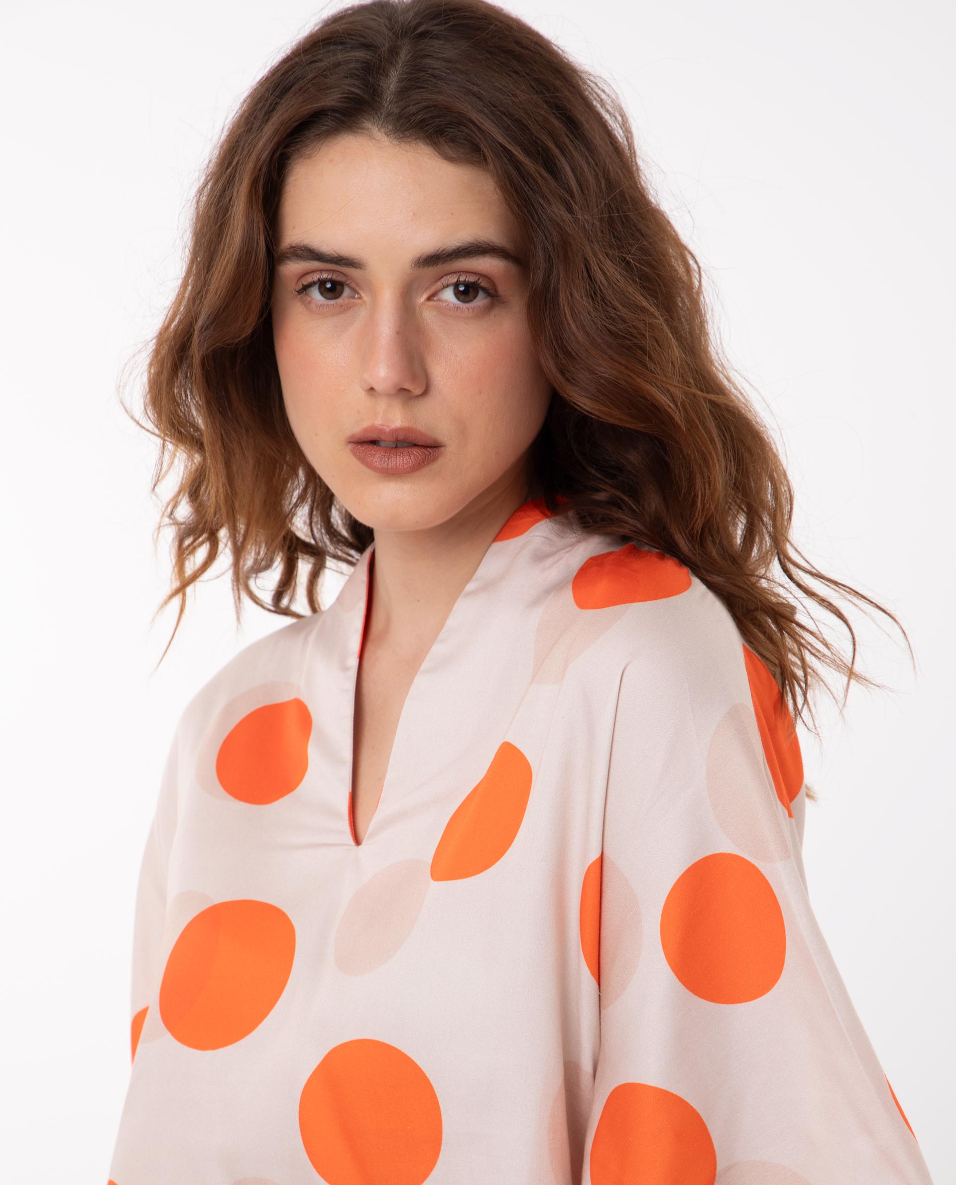 Rareism Women's Binko Light Beige Cotton V-Neck Polka Print Kimono Sleeve Relaxed Fit Top