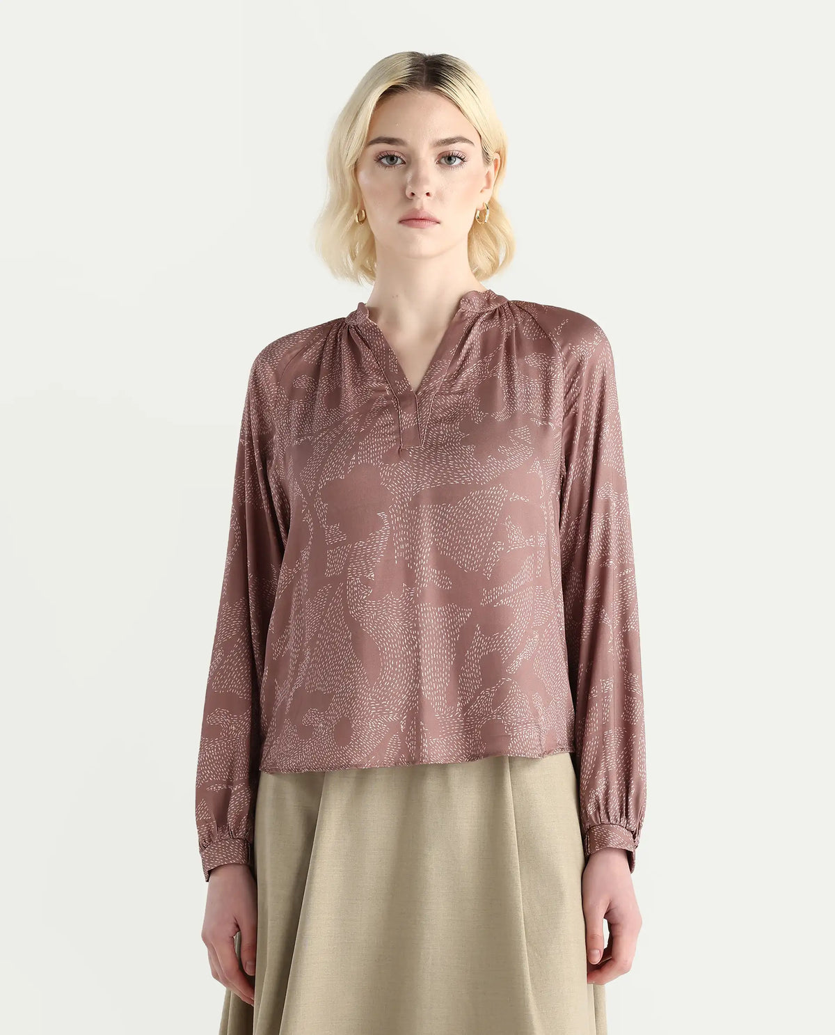 Rareism Women's Binzo Light Brown Viscose Raglan Sleeves Mandarin Collar Regular Fit Top