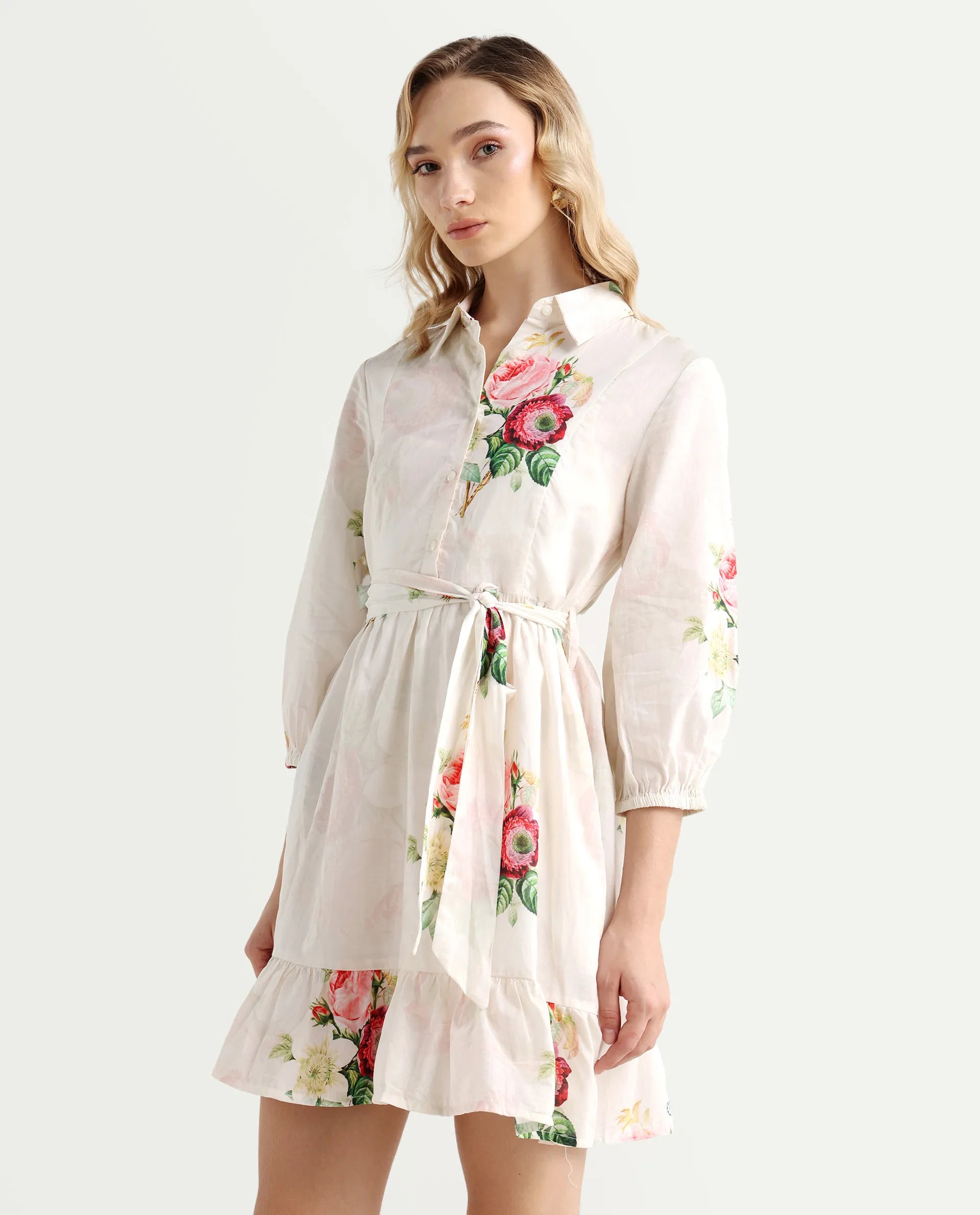 Rareism Women's Blecki Off White Cotton Drop Collar Floral Print Cuffed Sleeve Mini Fit And Flare Dress