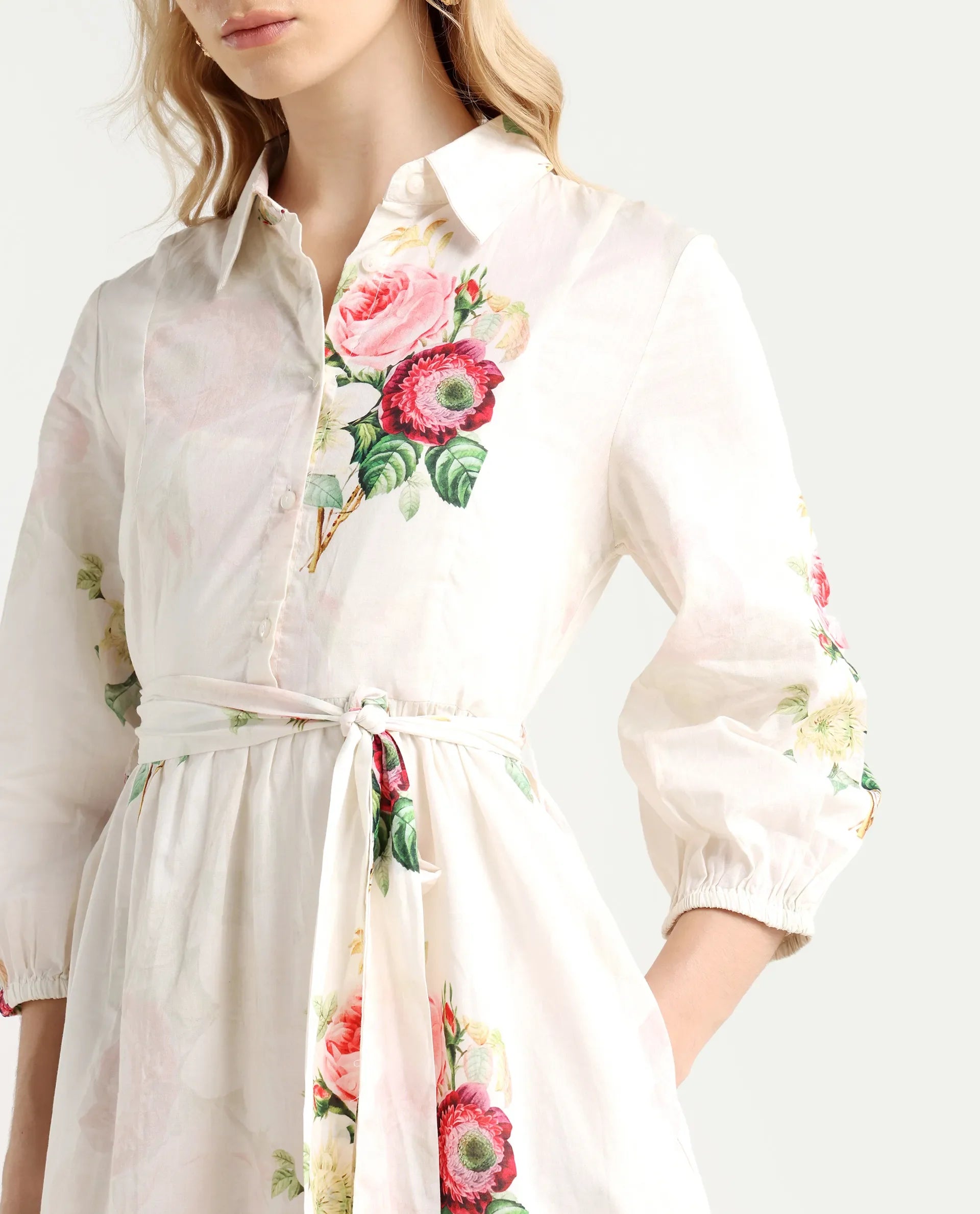 Rareism Women's Blecki Off White Cotton Drop Collar Floral Print Cuffed Sleeve Mini Fit And Flare Dress