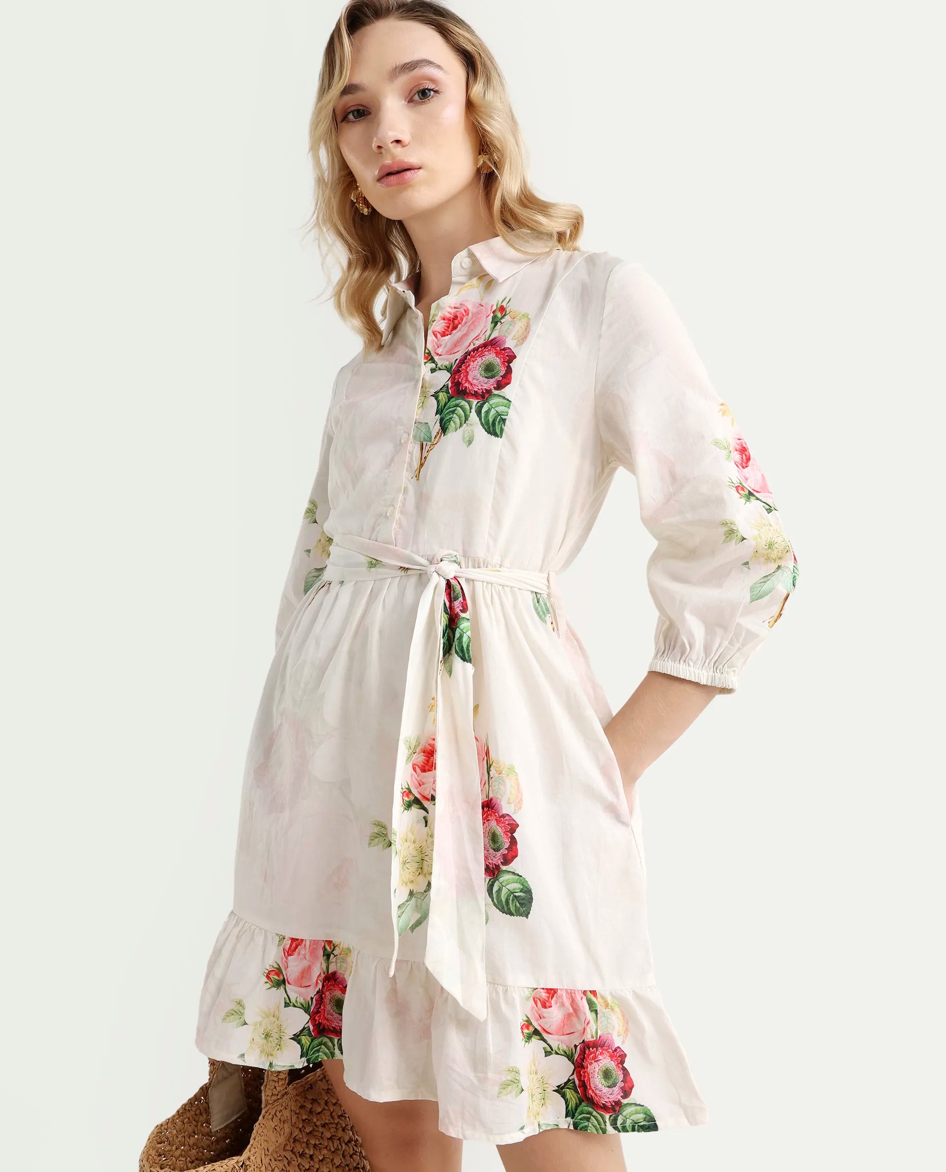 Rareism Women's Blecki Off White Cotton Drop Collar Floral Print Cuffed Sleeve Mini Fit And Flare Dress