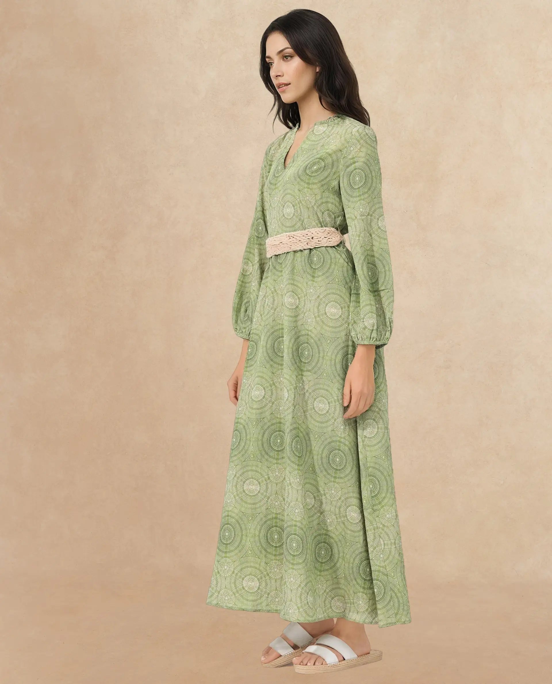 Rareism Women's Bledel Pastel Green Nylon Blend Ruffled Neck Abstract Print Bishop Sleeve Maxi Flared Dress