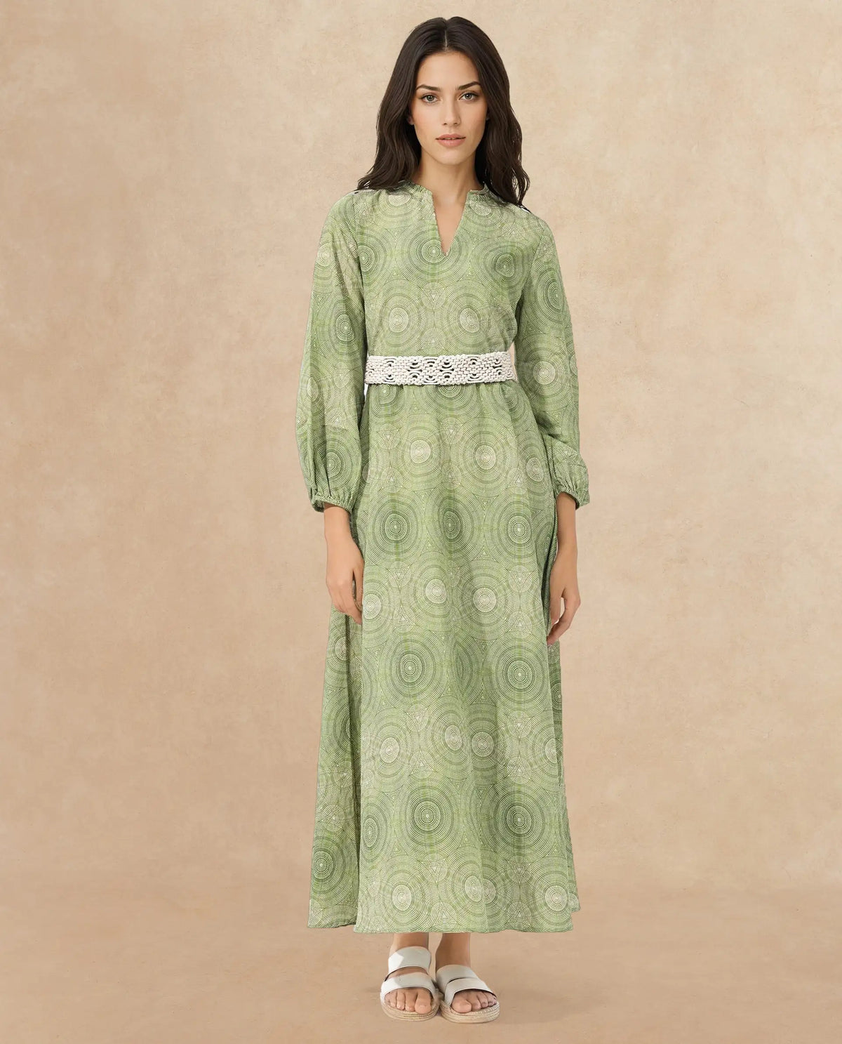 Rareism Women's Bledel Pastel Green Nylon Blend Ruffled Neck Abstract Print Bishop Sleeve Maxi Flared Dress