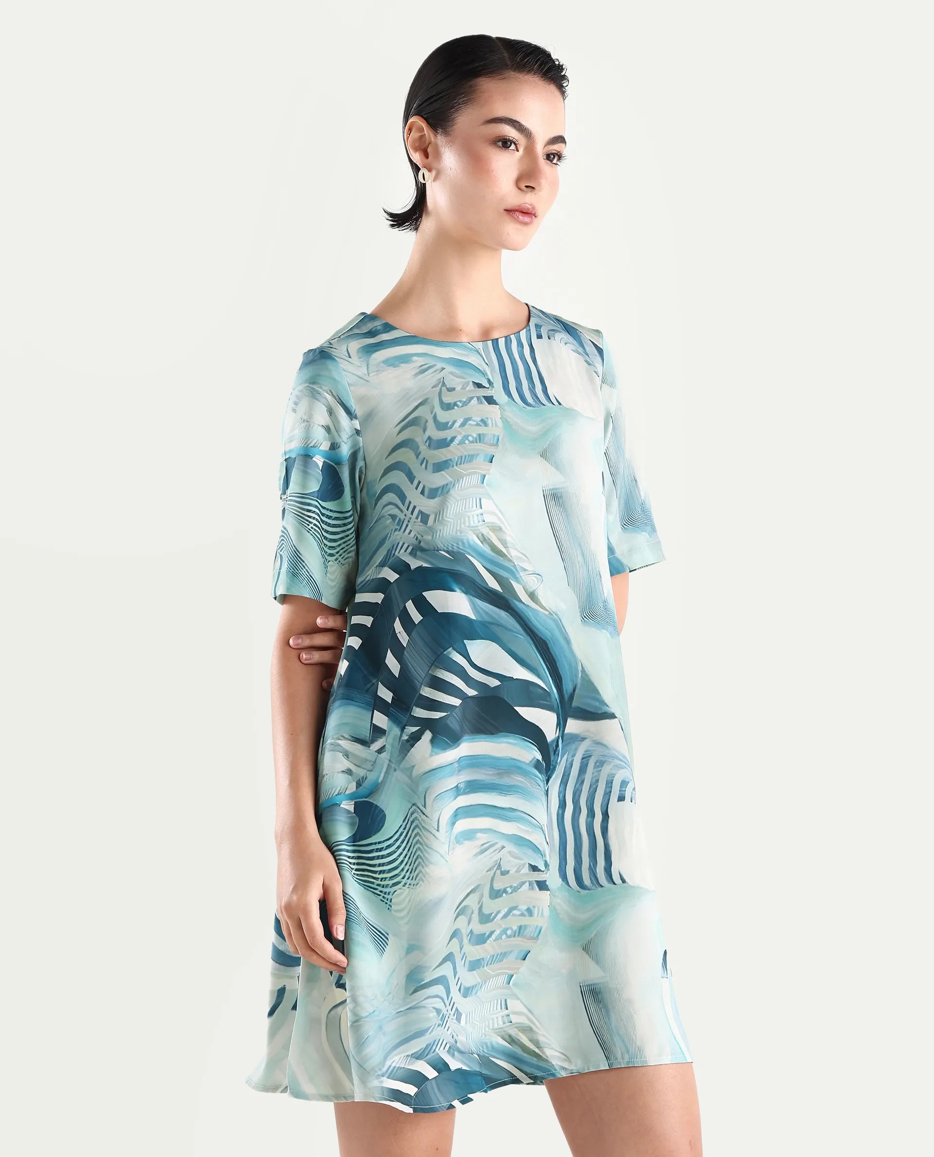 Rareism Women's Boberni Multi Polyester Blend Crew Neck Abstract Print Mini A-Line Dress