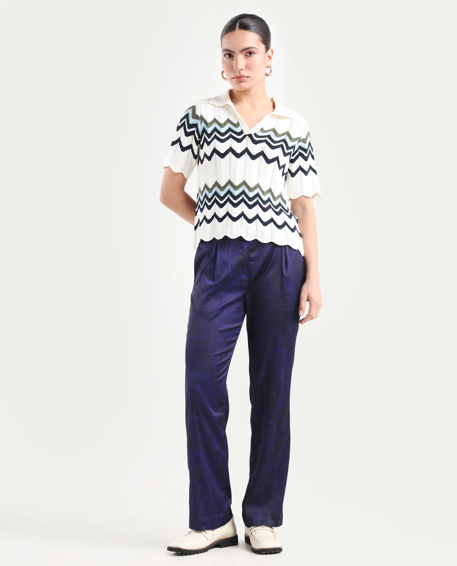 Rareism Women's Braun Navy Polyester Abstract Print Ankle Length Tailored Trouser
