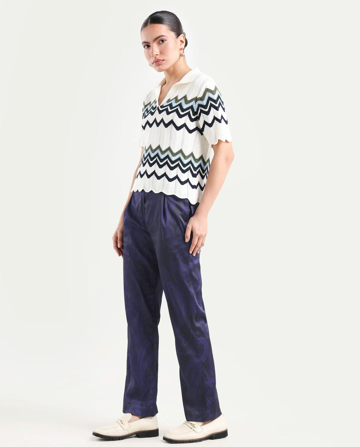 Rareism Women's Braun Navy Polyester Abstract Print Ankle Length Tailored Trouser