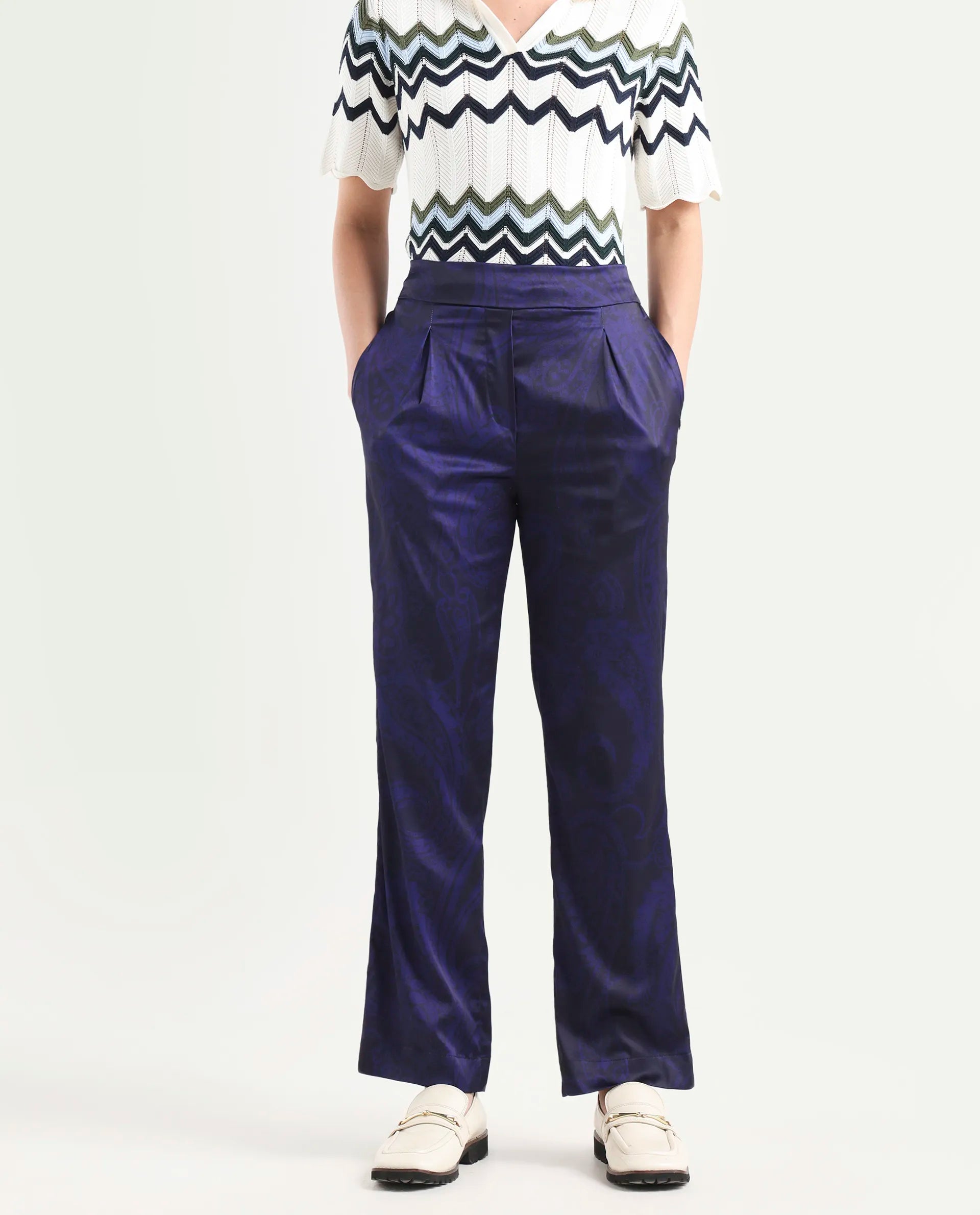 Rareism Women's Braun Navy Polyester Abstract Print Ankle Length Tailored Trouser