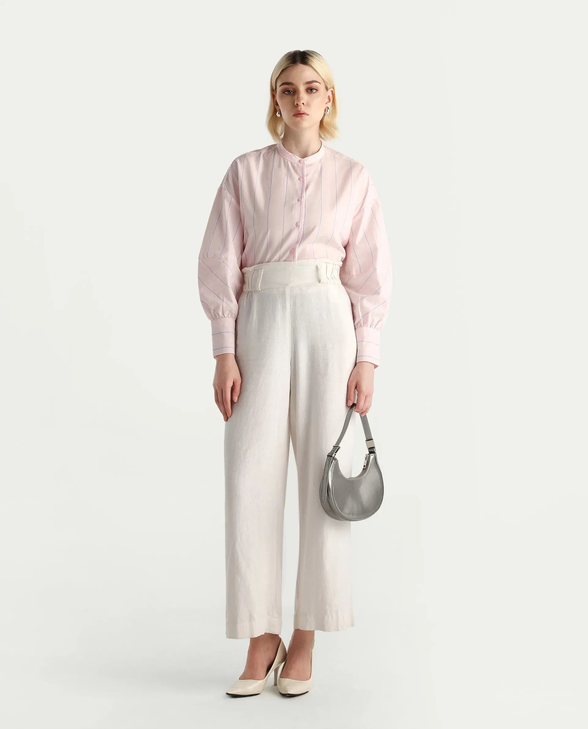 Rareism Women's Buvo Pastel Pink Cotton Volume Sleeve Mandarin Collar Boxy Fit Shirt