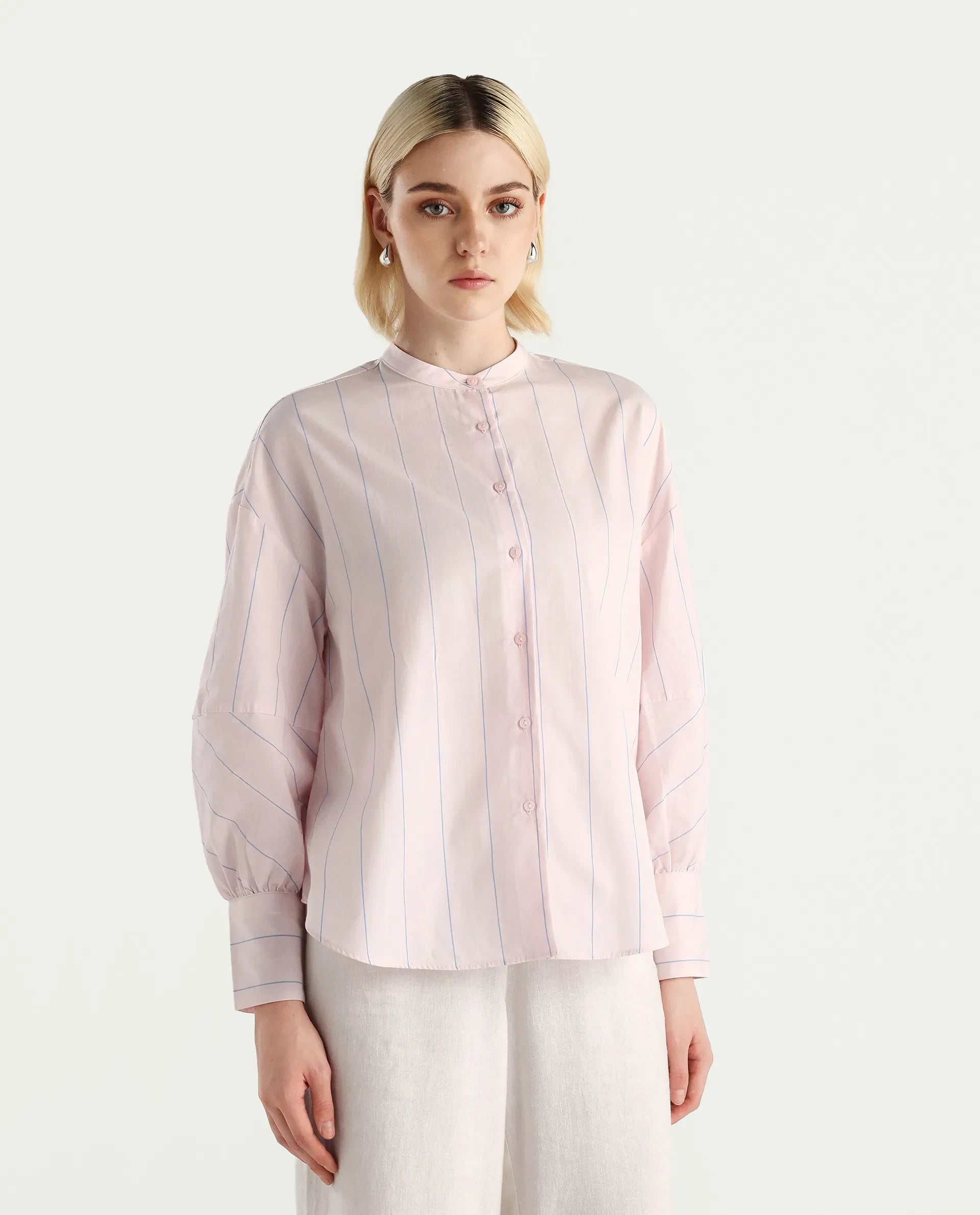 Rareism Women's Buvo Pastel Pink Cotton Volume Sleeve Mandarin Collar Boxy Fit Shirt