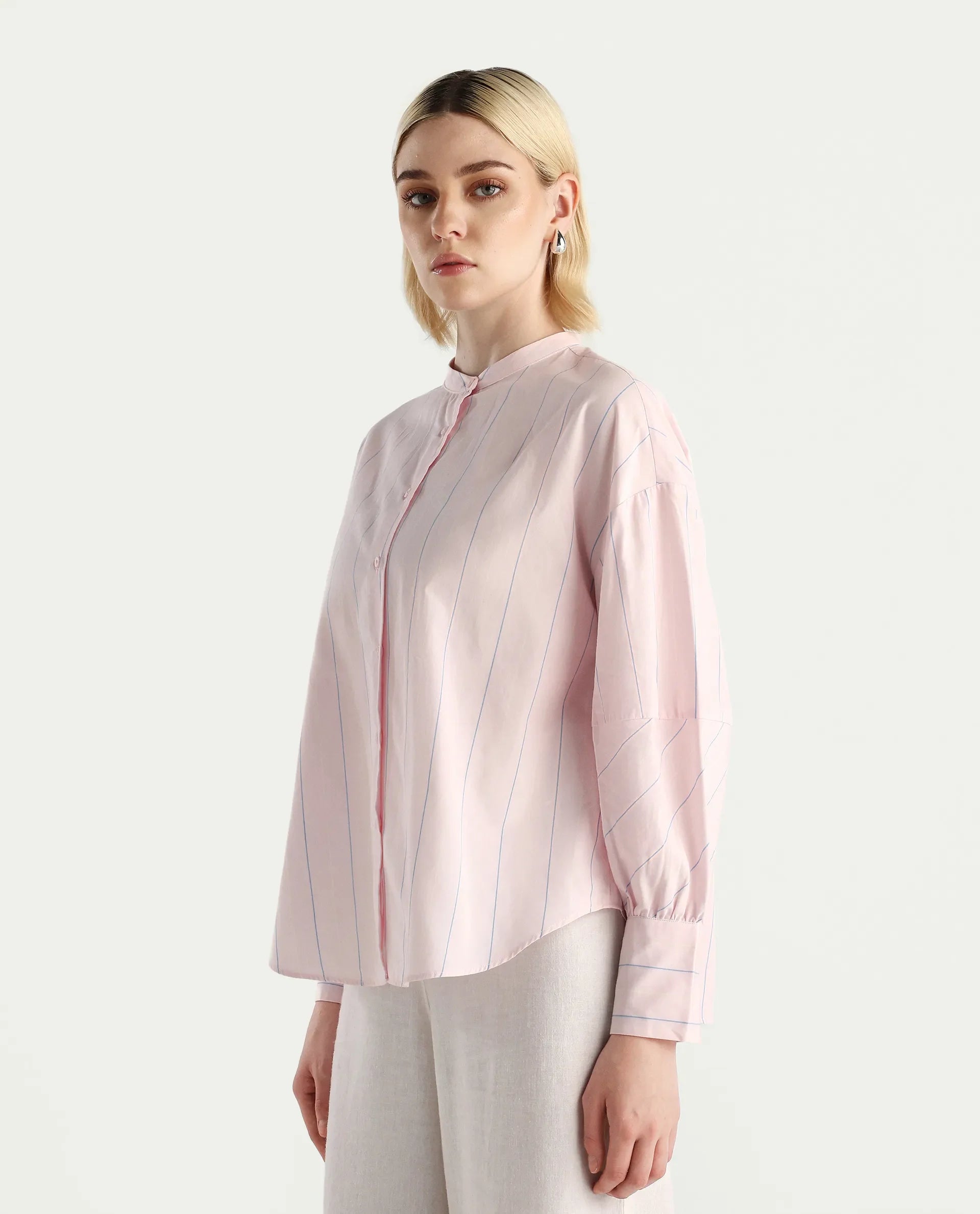 Rareism Women's Buvo Pastel Pink Cotton Volume Sleeve Mandarin Collar Boxy Fit Shirt