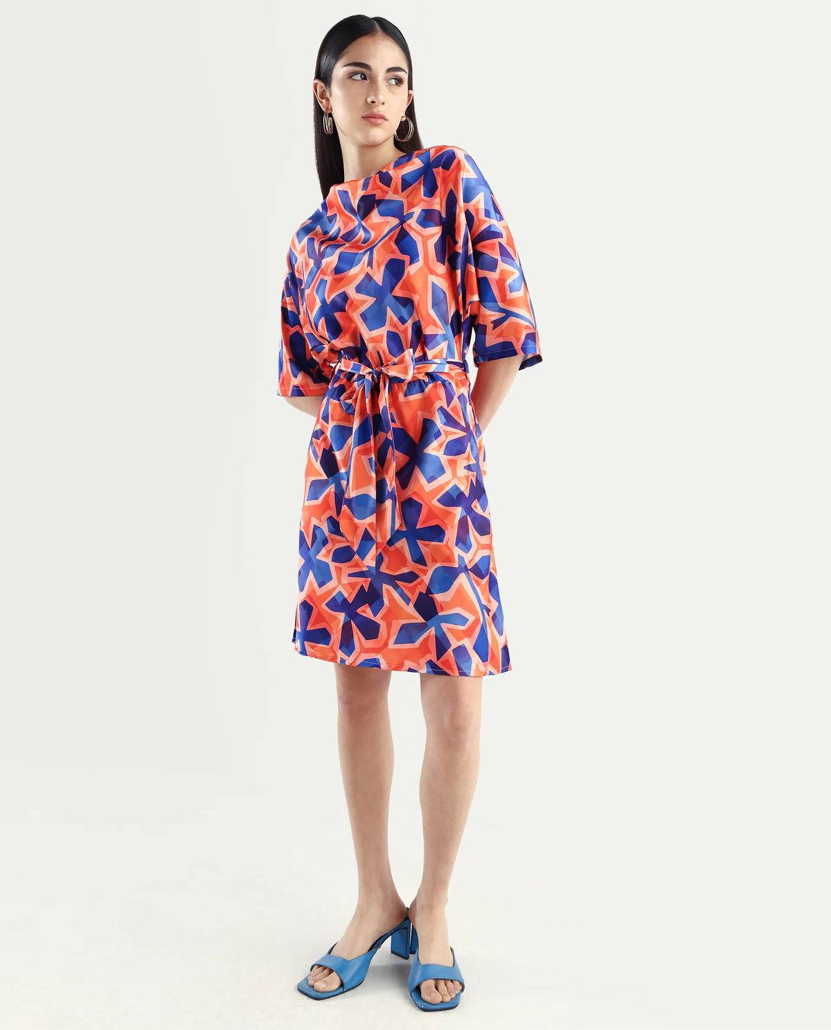 Rareism Women's Cagliari Multi Polyester Cowl Neck Abstract Print Extended Sleeves Mini Regular Fit Dress