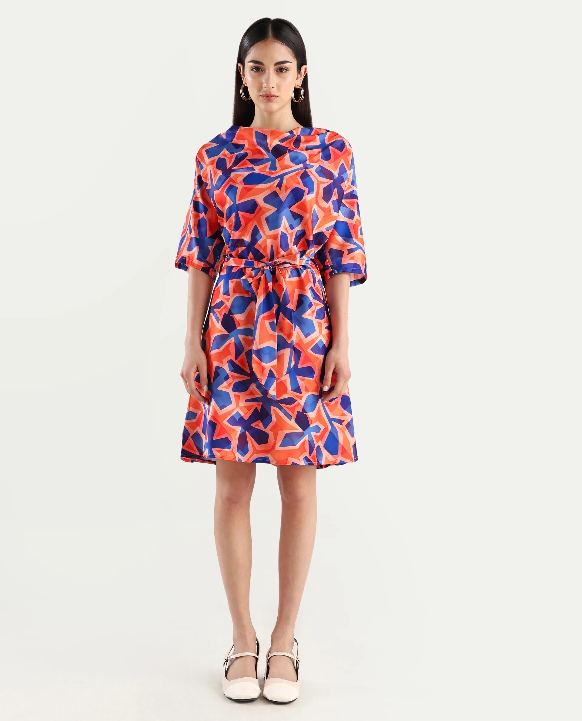 Rareism Women's Cagliari Multi Polyester Cowl Neck Abstract Print Extended Sleeves Mini Regular Fit Dress