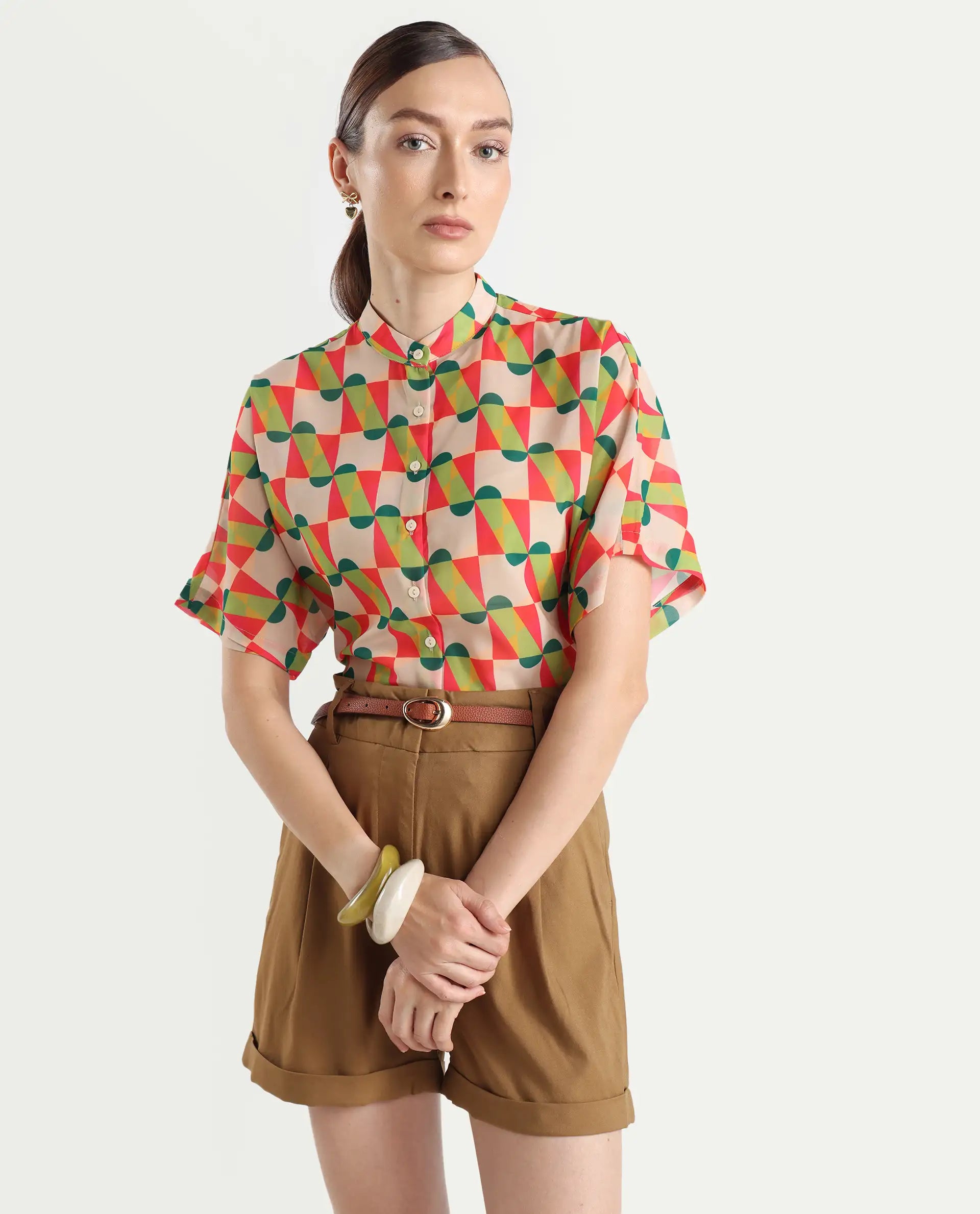 Rareism Women's Cajeme Multi Cotton Blend Collarless Geometric Print Extended Sleeves Relaxed Fit Shirts