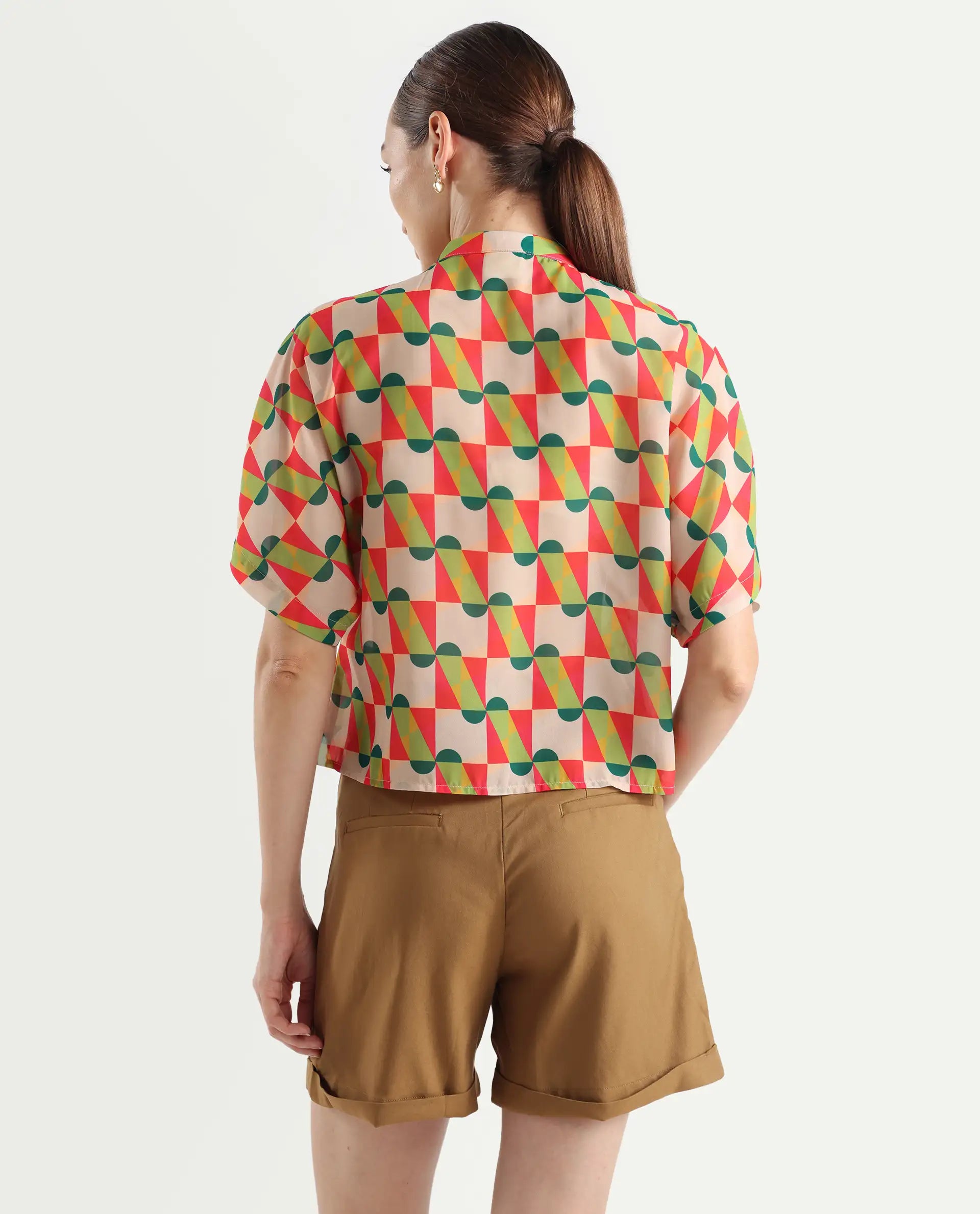 Rareism Women's Cajeme Multi Cotton Blend Collarless Geometric Print Extended Sleeves Relaxed Fit Shirts
