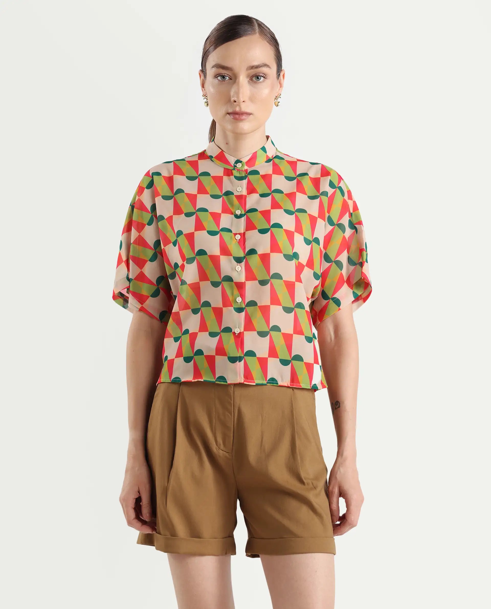 Rareism Women's Cajeme Multi Cotton Blend Collarless Geometric Print Extended Sleeves Relaxed Fit Shirts