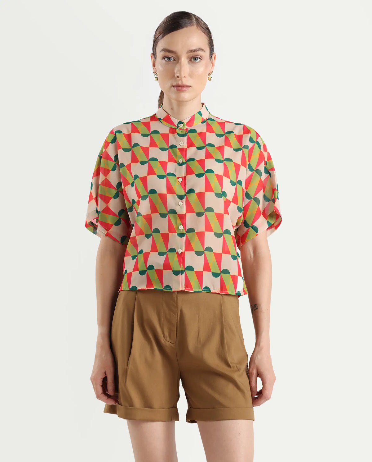 Rareism Women's Cajeme Multi Cotton Blend Collarless Geometric Print Extended Sleeves Relaxed Fit Shirts