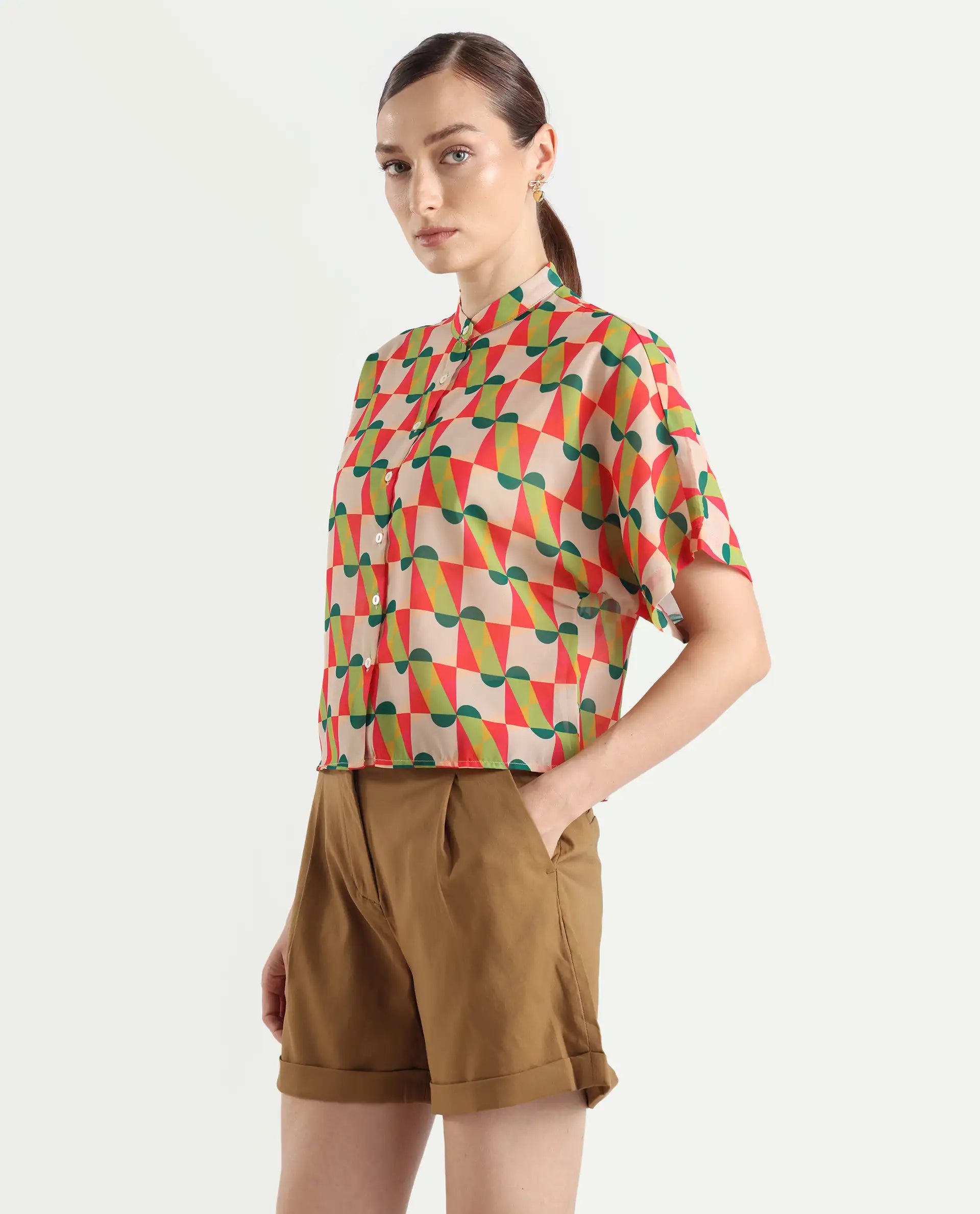 Rareism Women's Cajeme Multi Cotton Blend Collarless Geometric Print Extended Sleeves Relaxed Fit Shirts