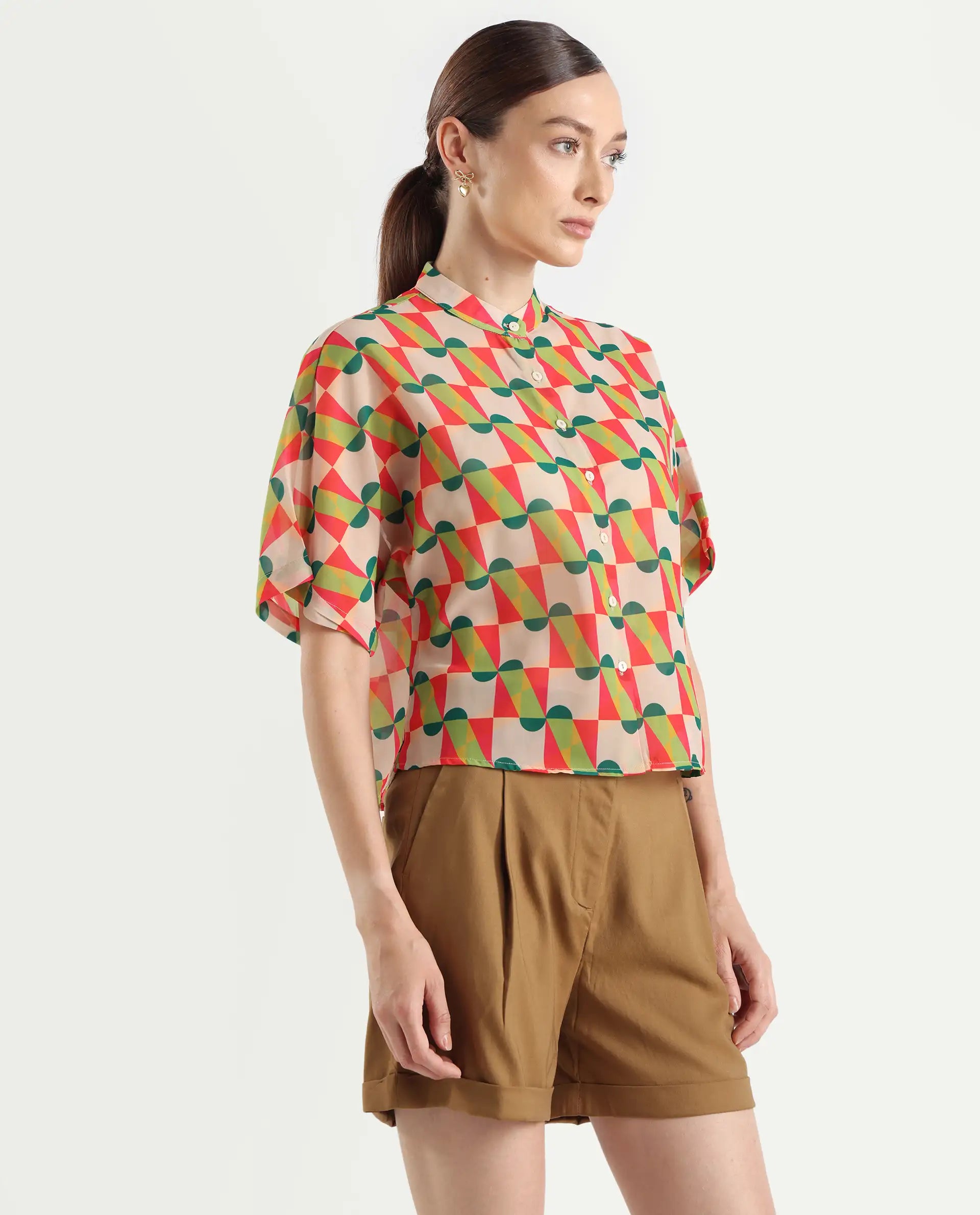 Rareism Women's Cajeme Multi Cotton Blend Collarless Geometric Print Extended Sleeves Relaxed Fit Shirts