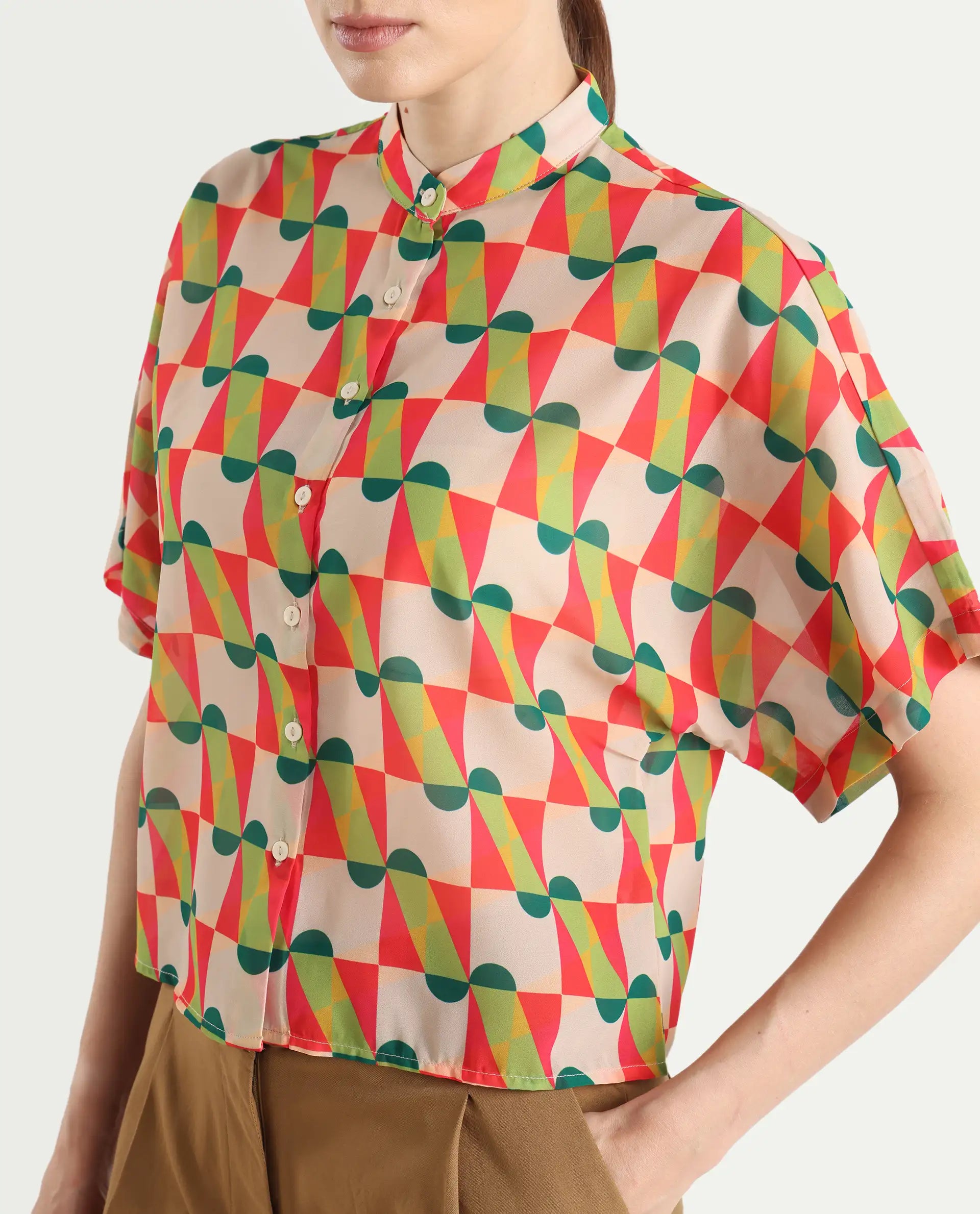 Rareism Women's Cajeme Multi Cotton Blend Collarless Geometric Print Extended Sleeves Relaxed Fit shirt