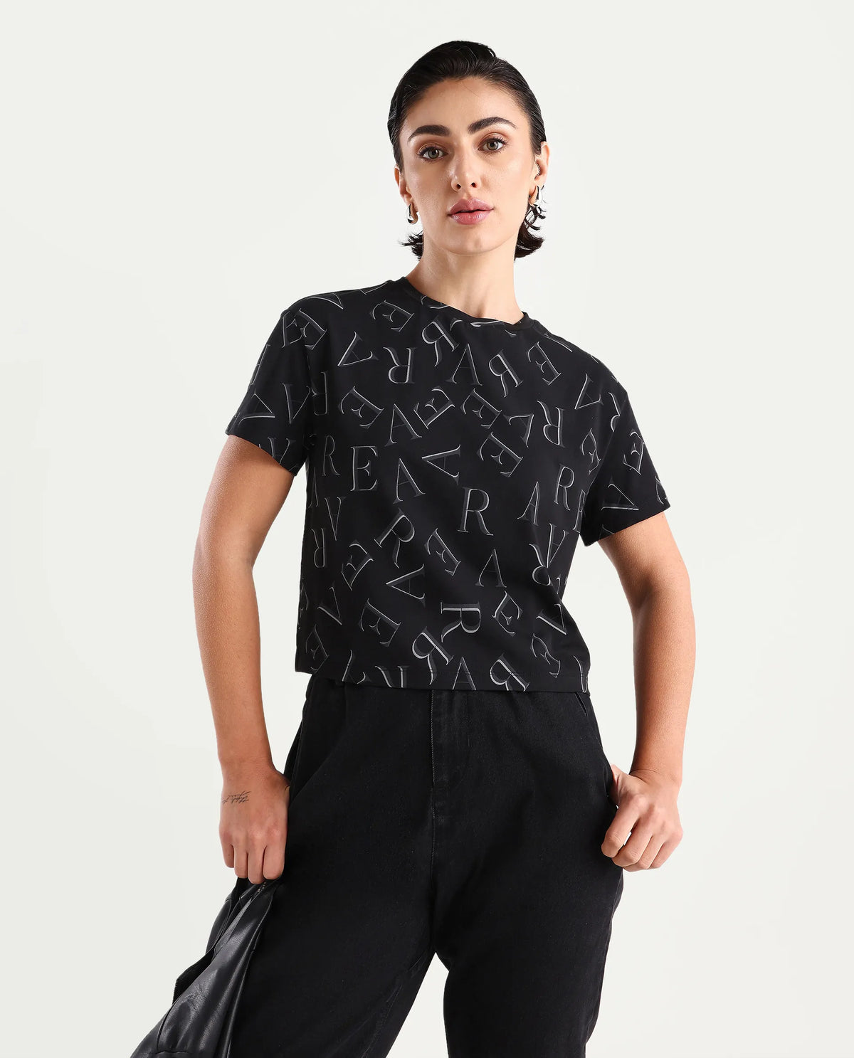 Rareism Women's Cassia Black Cotton Blend Crew Neck Monogram Print Crop Regular Fit T-Shirt