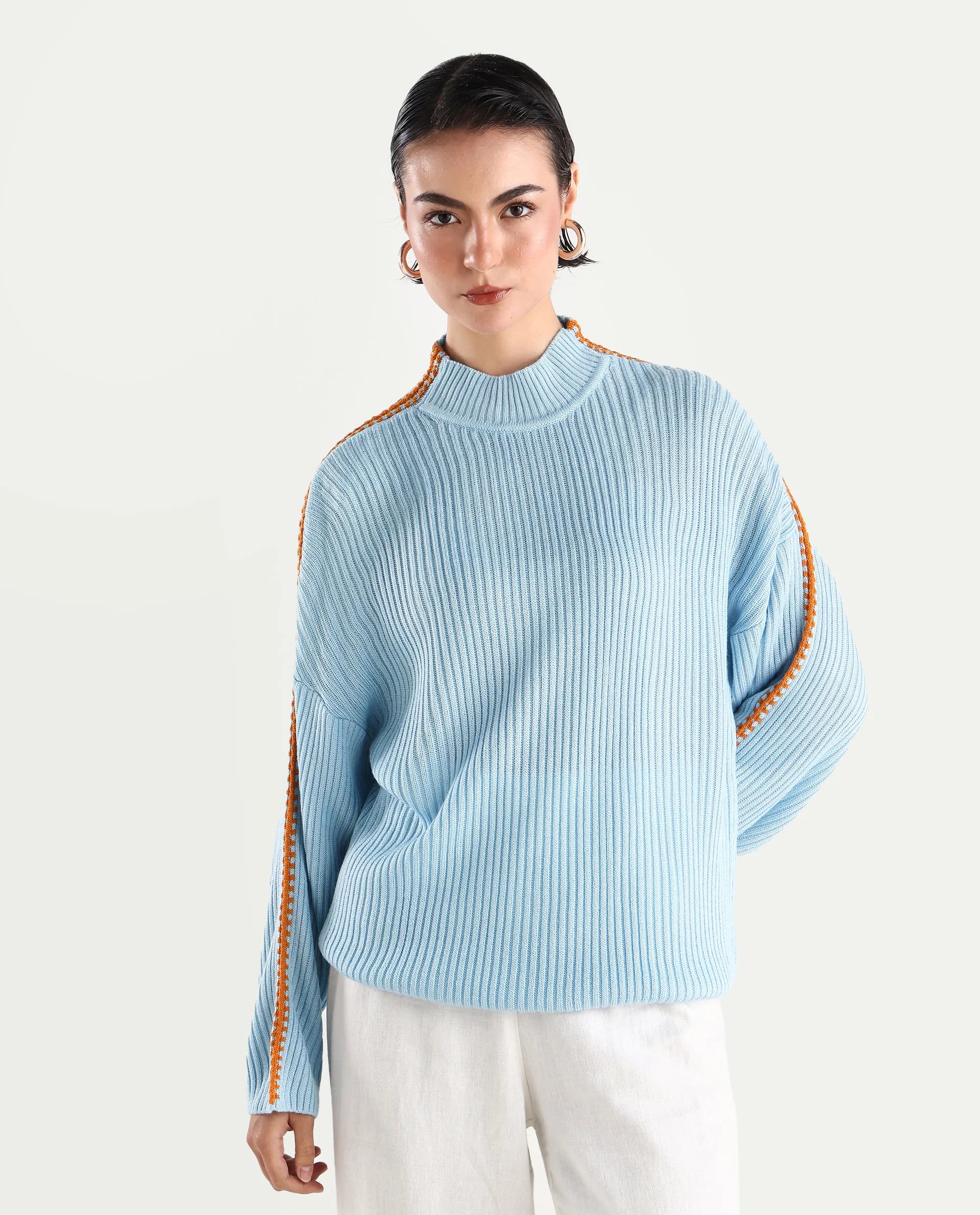 Rareism Women's Cassiopiea Light Blue Acrylic High Neck Plain Relaxed Fit Sweater