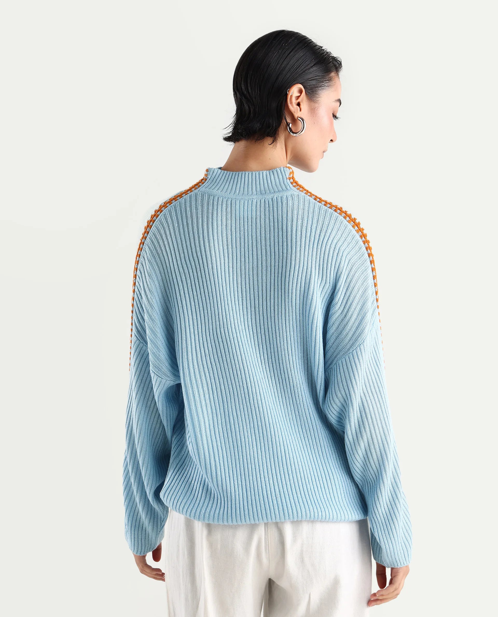 Rareism Women's Cassiopiea Light Blue Acrylic High Neck Plain Relaxed Fit Sweater