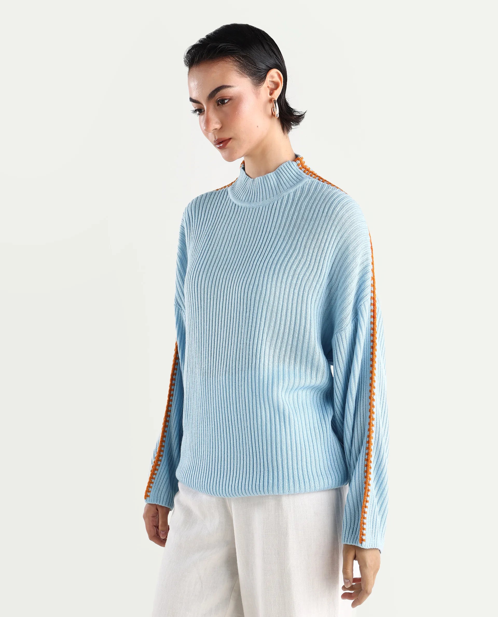 Rareism Women's Cassiopiea Light Blue Acrylic High Neck Plain Relaxed Fit Sweater