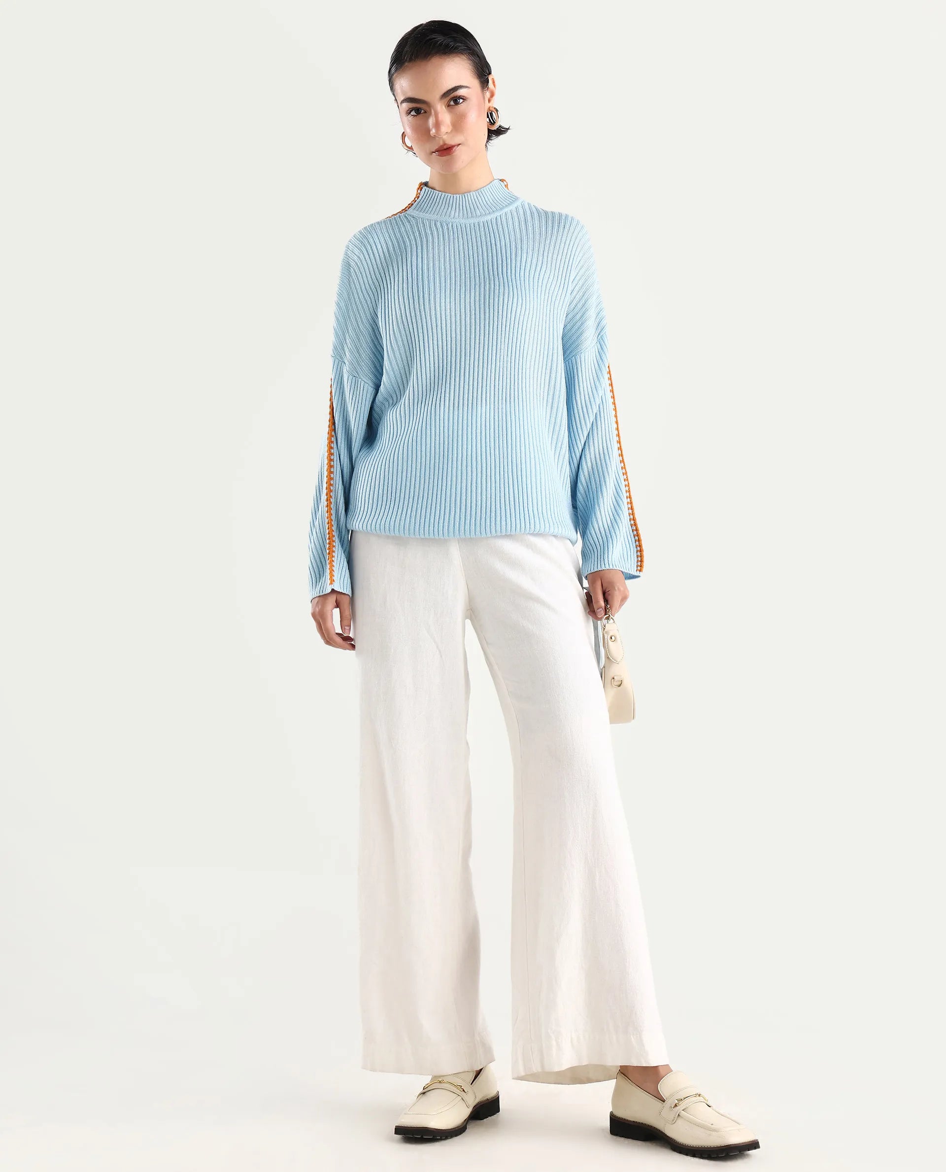 Rareism Women's Cassiopiea Light Blue Acrylic High Neck Plain Relaxed Fit Sweater