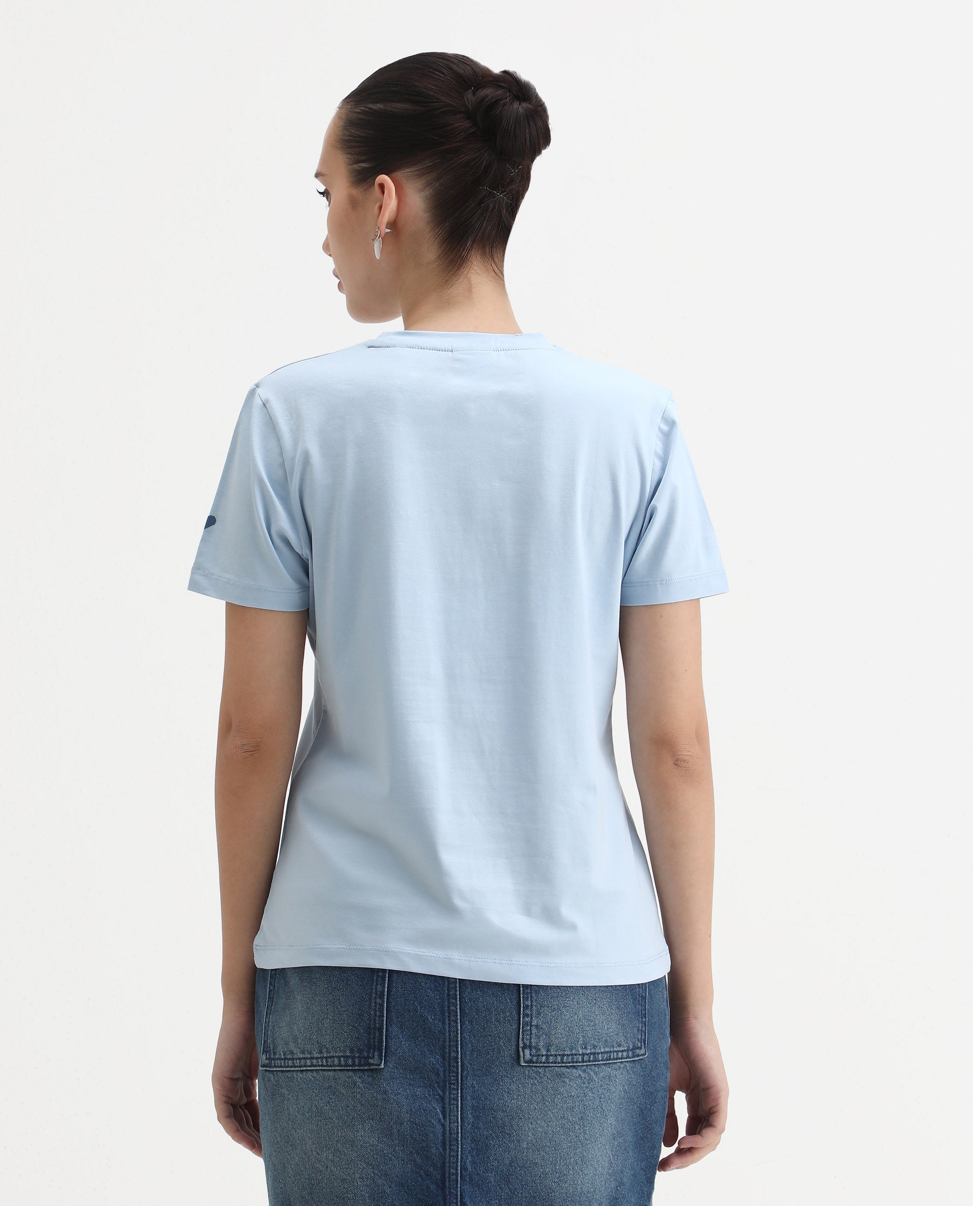 Rareism Women's Cercis Light Blue Polyester Crew Neck Typography Print Regular Fit T-Shirt