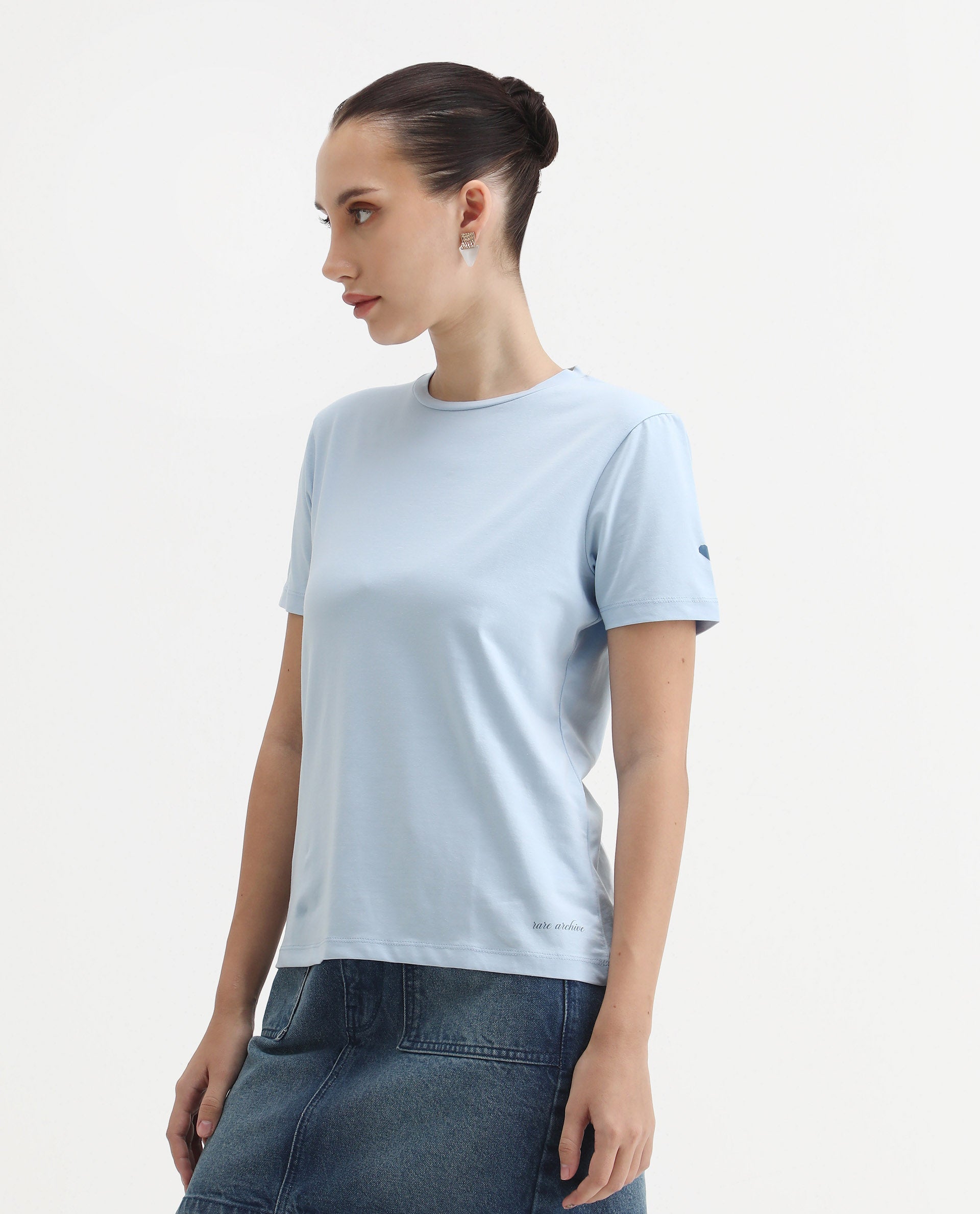 Rareism Women's Cercis Light Blue Polyester Crew Neck Typography Print Regular Fit T-Shirt