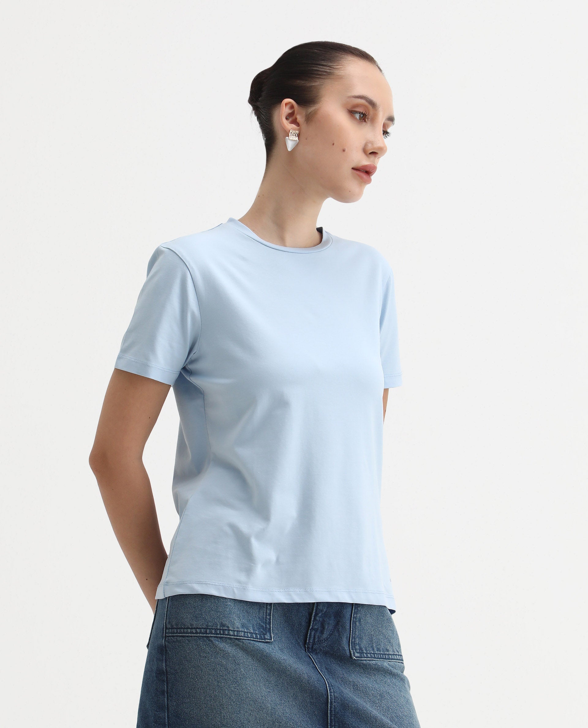 Rareism Women's Cercis Light Blue Polyester Crew Neck Typography Print Regular Fit T-Shirt