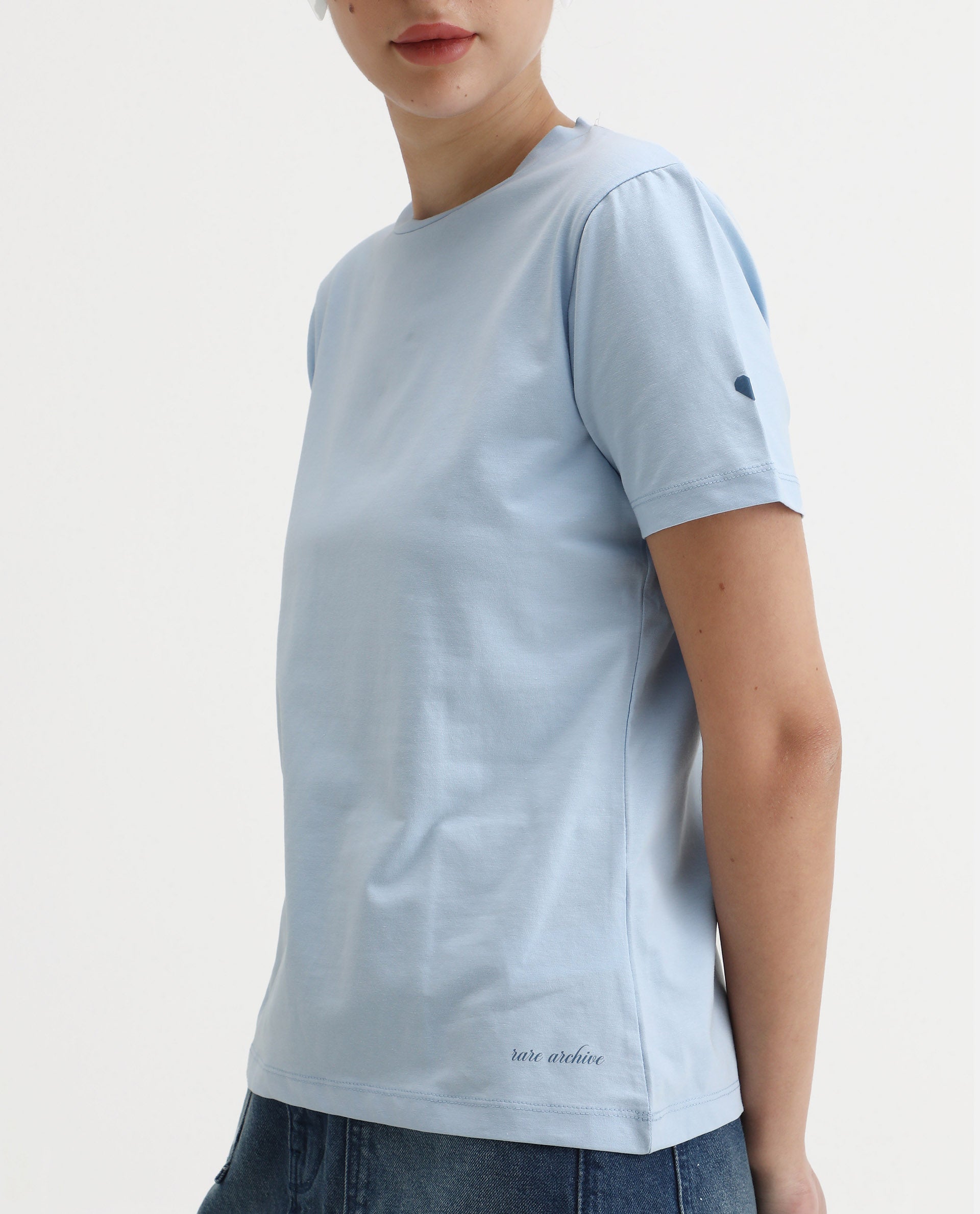 Rareism Women's Cercis Light Blue Polyester Crew Neck Typography Print Regular Fit T-Shirt